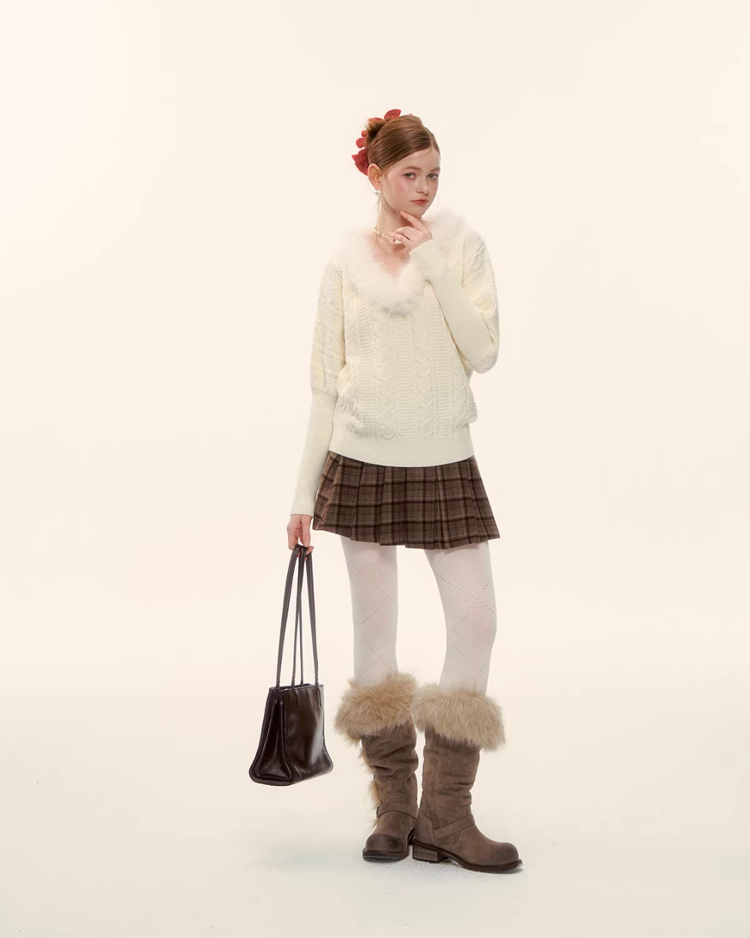 Fur Collar Cable Knit Top ASG0077
