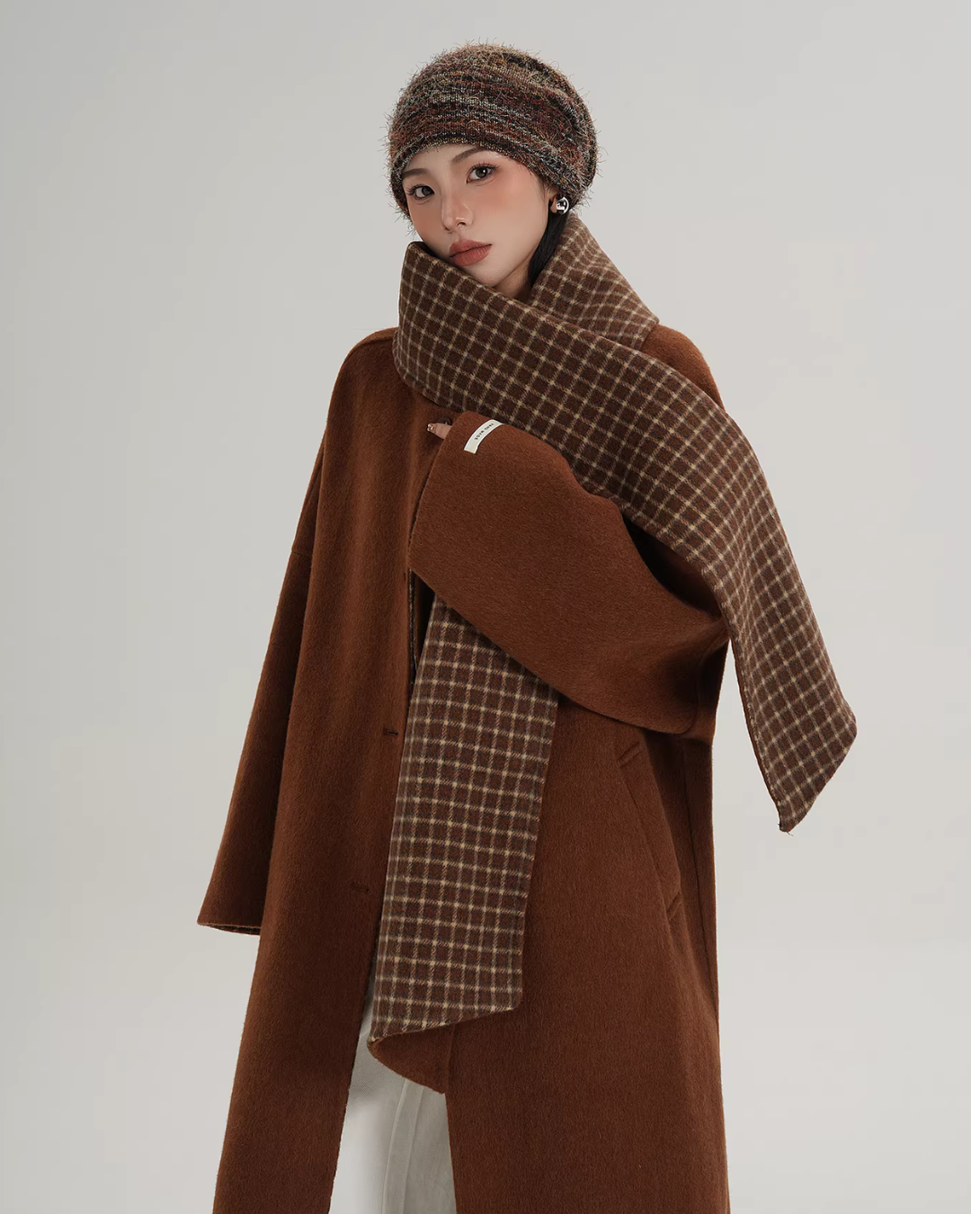 Collarless Coat with Checkered Scarf SRS0405