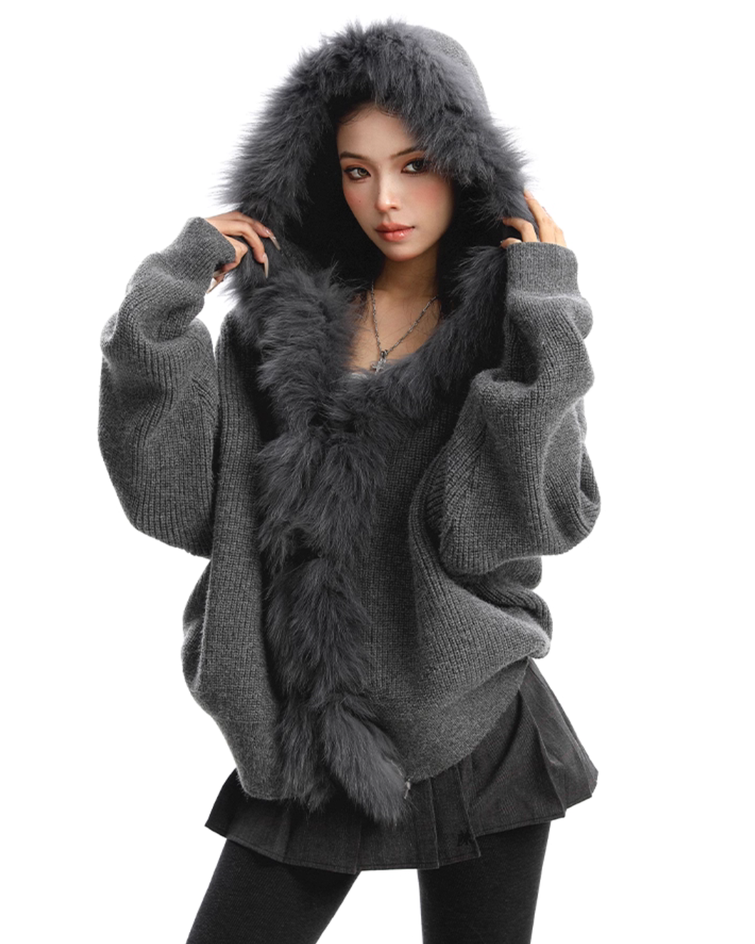 Fur Hood Zip Up Knit BGS0018
