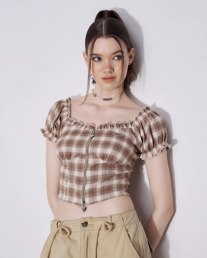 Retro Plaid Off-Shoulder Tops ZZF0236