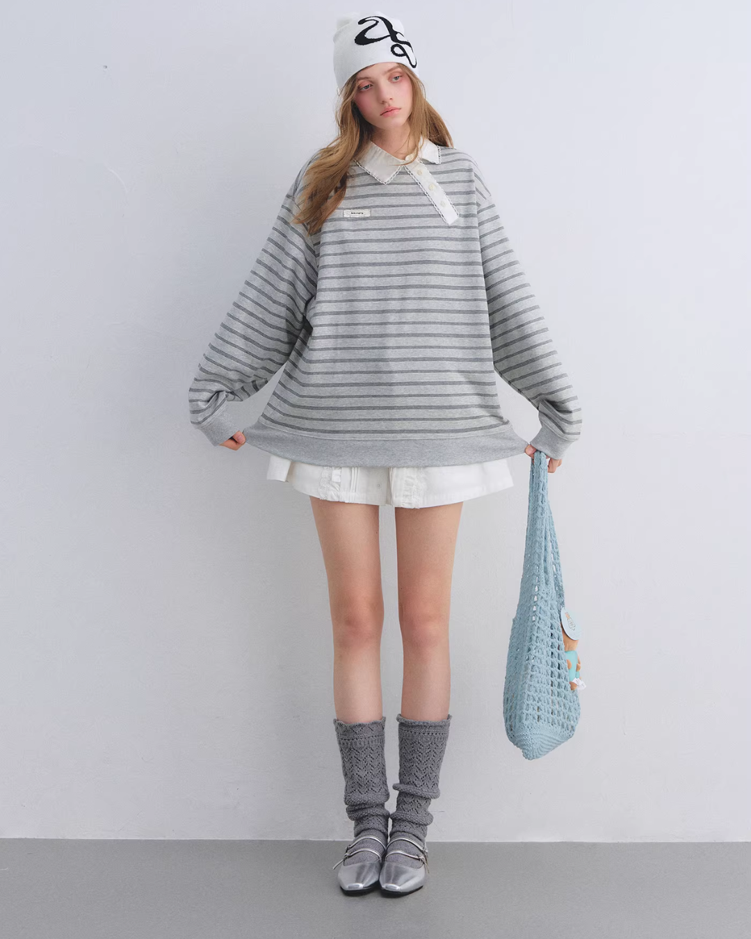 Button Lace Collar Striped Top ASG0085