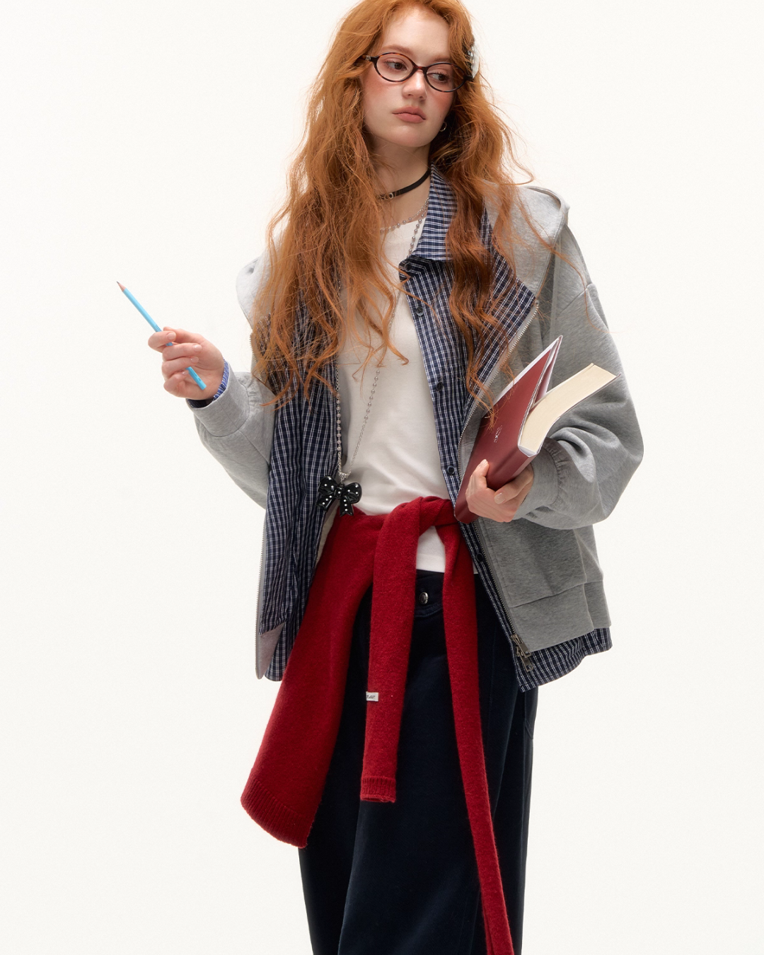 Plaid Spliced Hood Hoodie / Mini Skirt / Flare Pants ASG0066