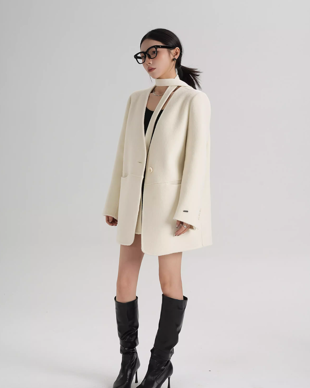 Collarless Wool Coat with Choker SRS0393