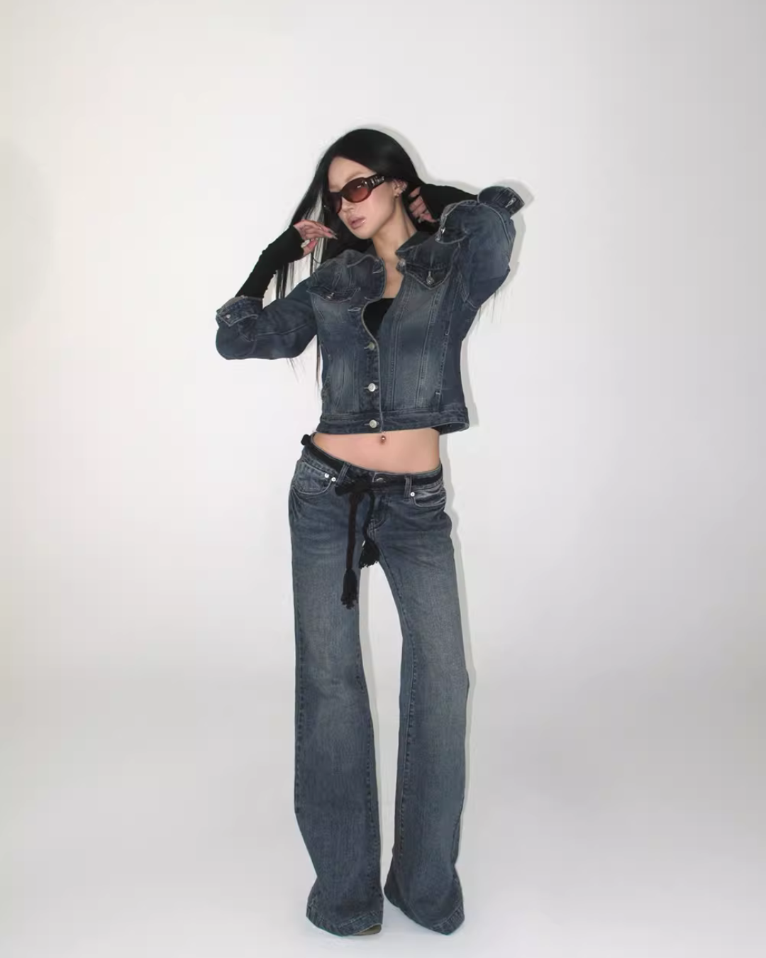 Washed Short Denim Jacket / Flare Slim Jeans IMX0008
