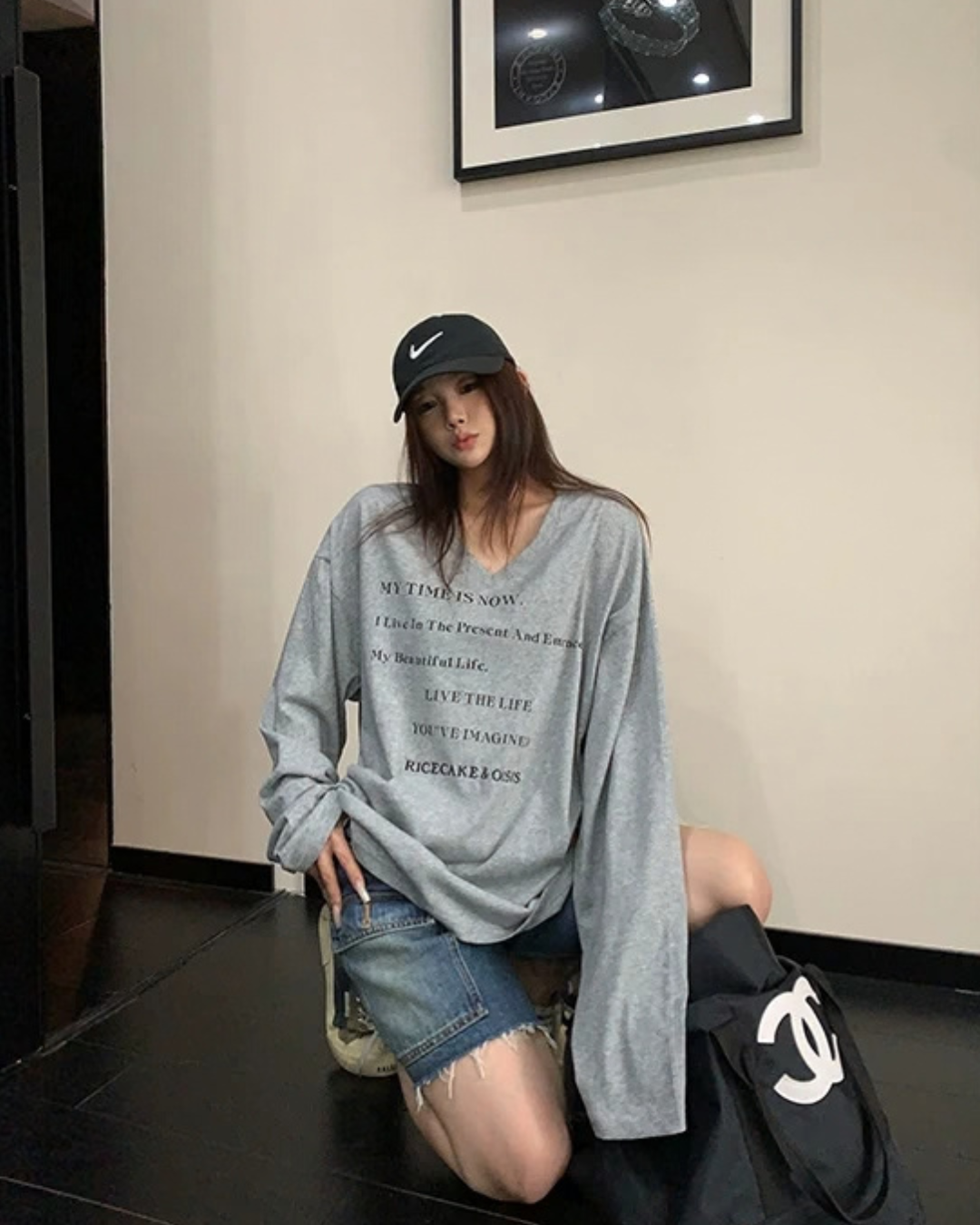 V-Neck Print Long Sleeve T-Shirt  YLS1044