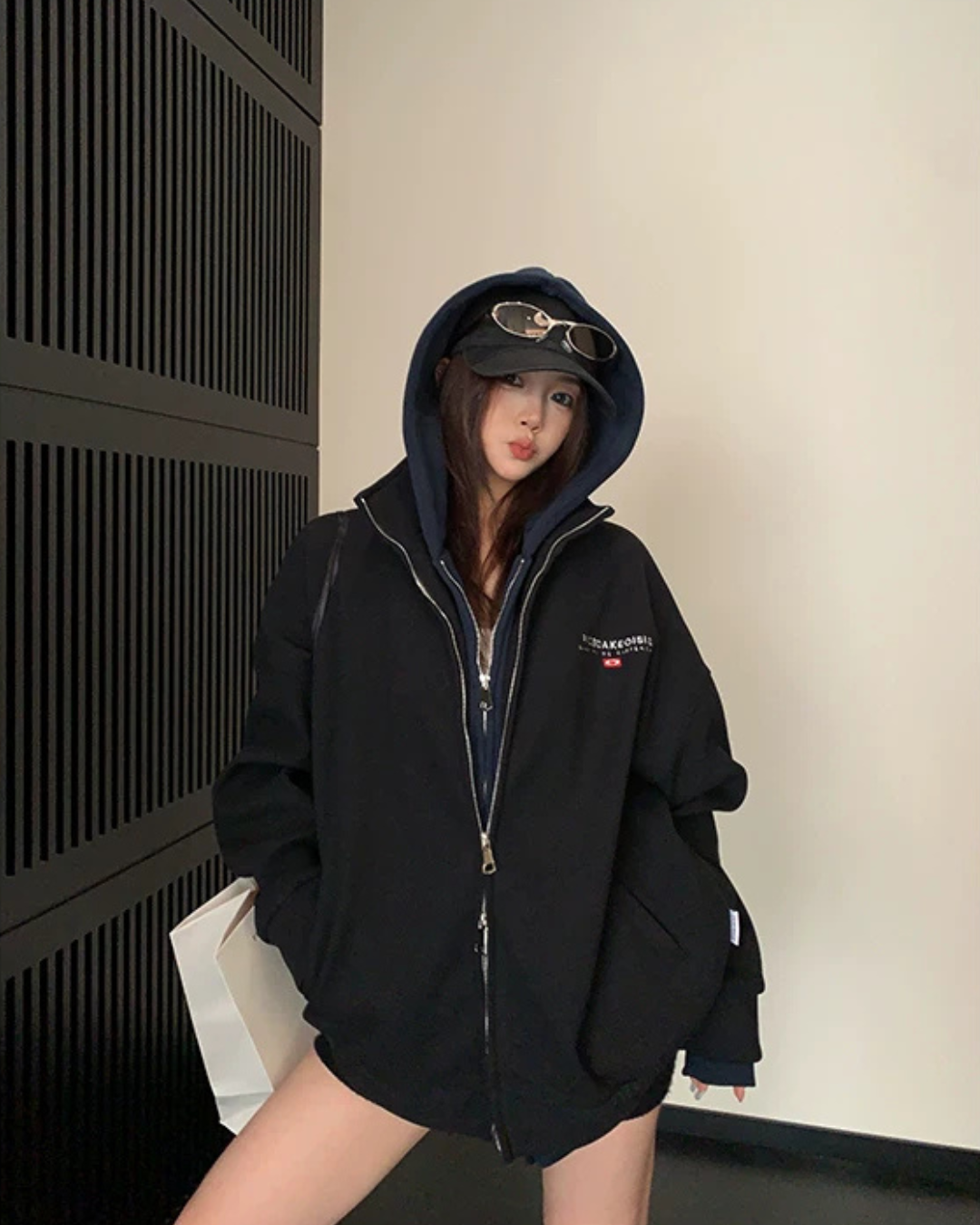 Labeled Button Double Zip Hoodie YLS1076