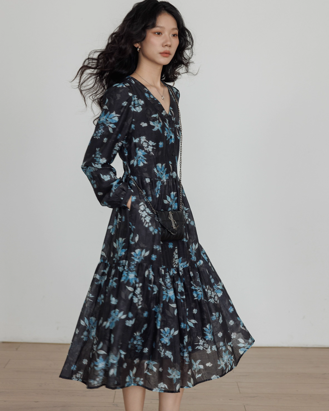 V-Neck Linen Print Elegant Dress VAS0151