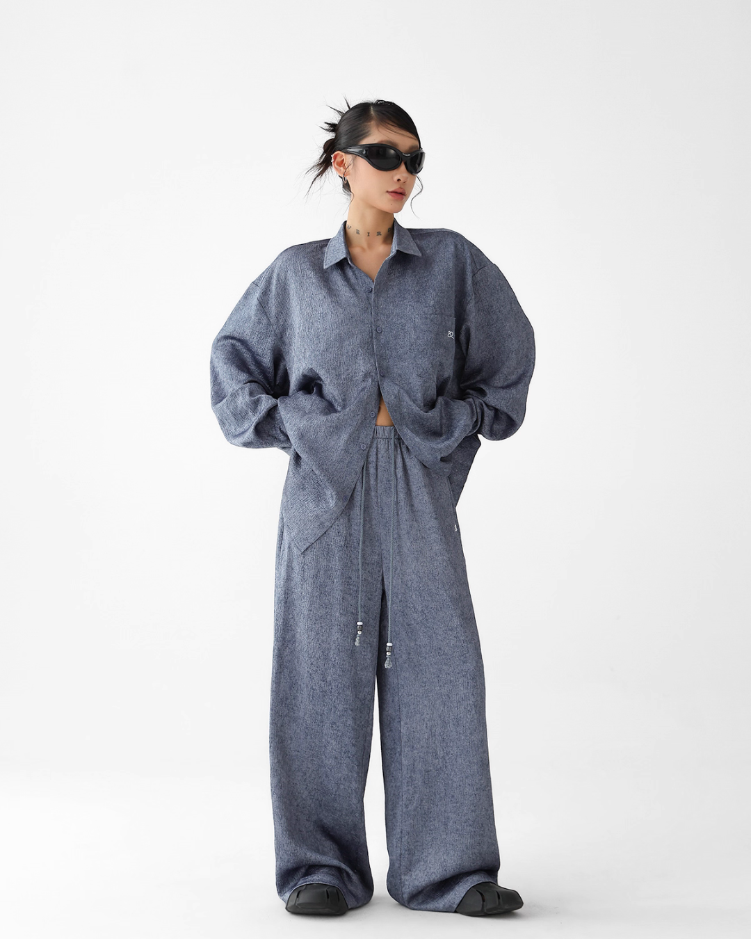 Dark Blue Drape Shirt / Waide Long Pants  ACS0264