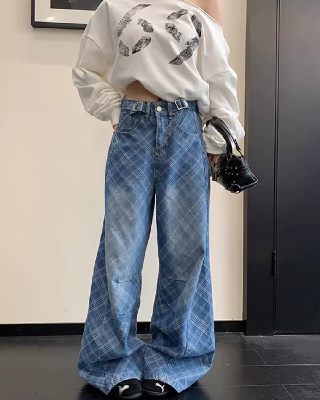 Plaid Wide-Leg Jeans YLS1019