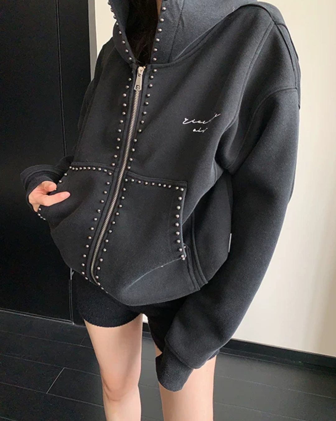 Studded Design Hooded Zip Jacket YLS1033