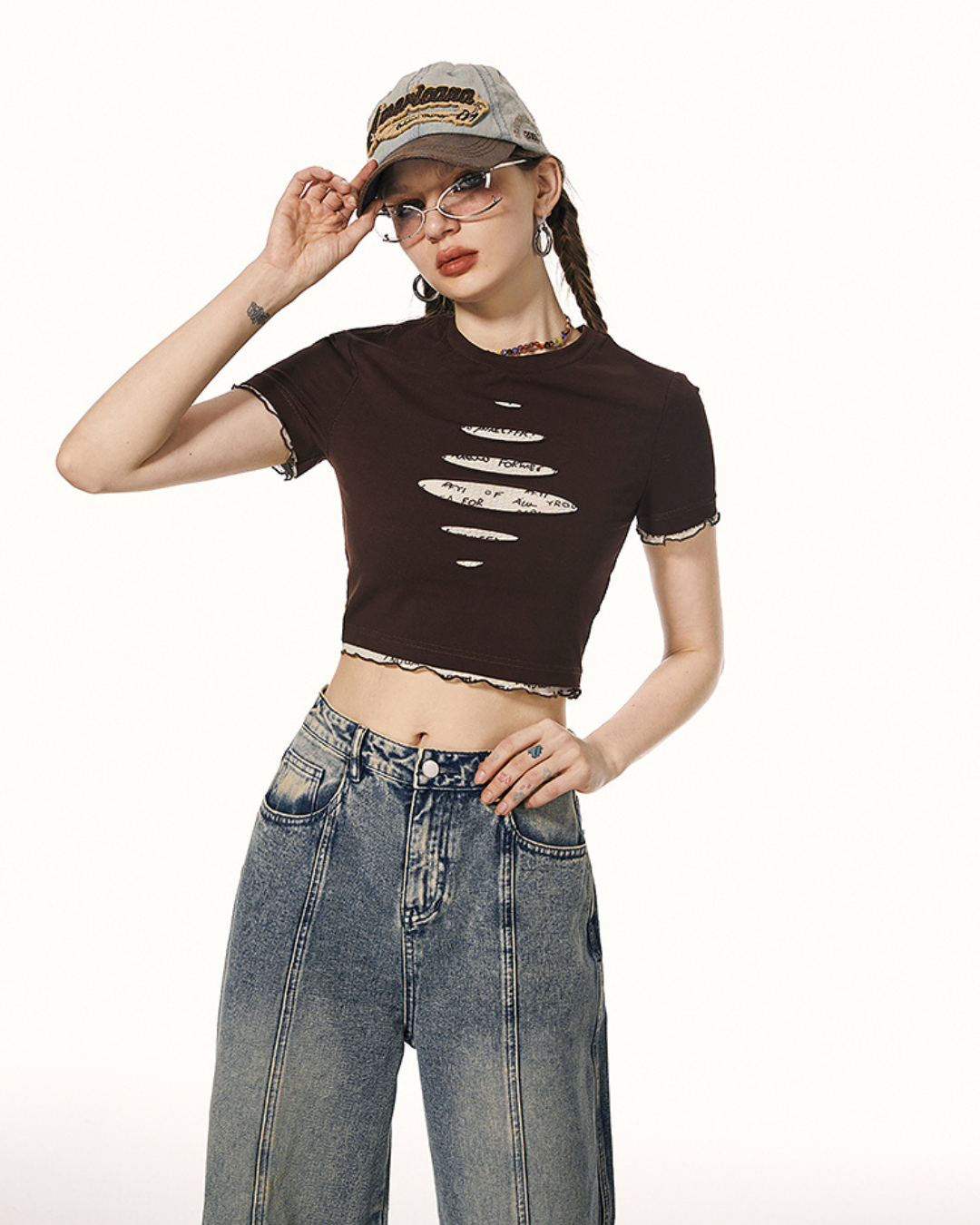 American Layered Style Cropped T-Shirt IMO0066