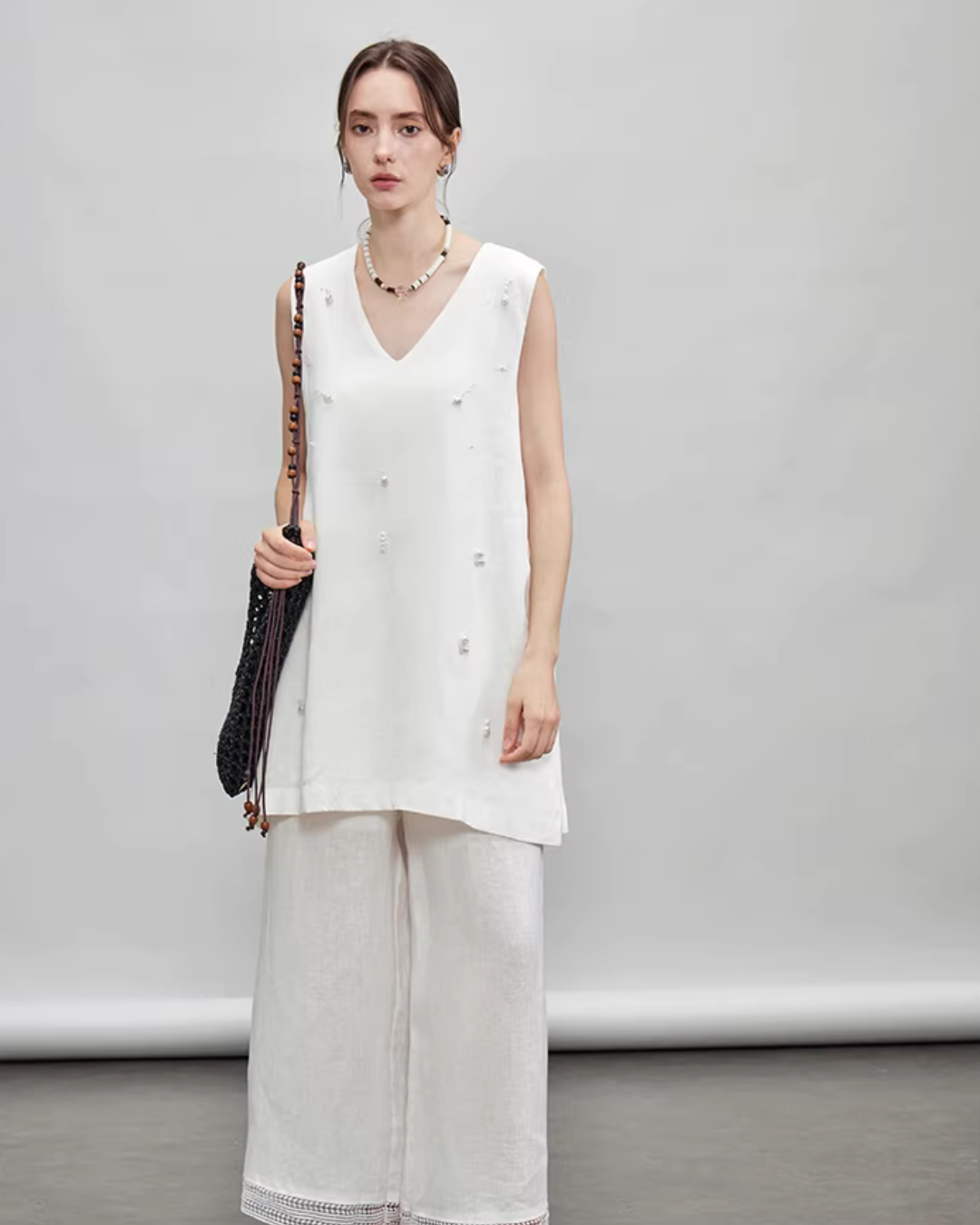 V-Neck Linen Sleeveless / Straight Linen Wide Pants TEO0012
