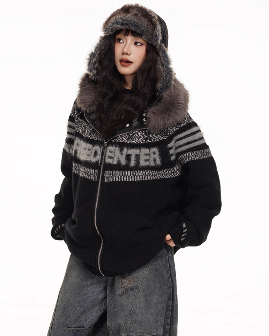 Fur Hood Retro Knit Cardigan FEC0002