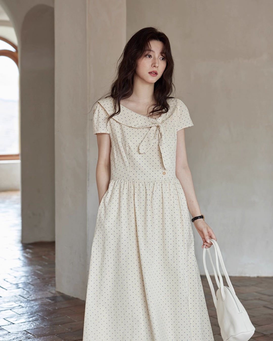 Ribbon Collar Polka Dot Dress SMS0022