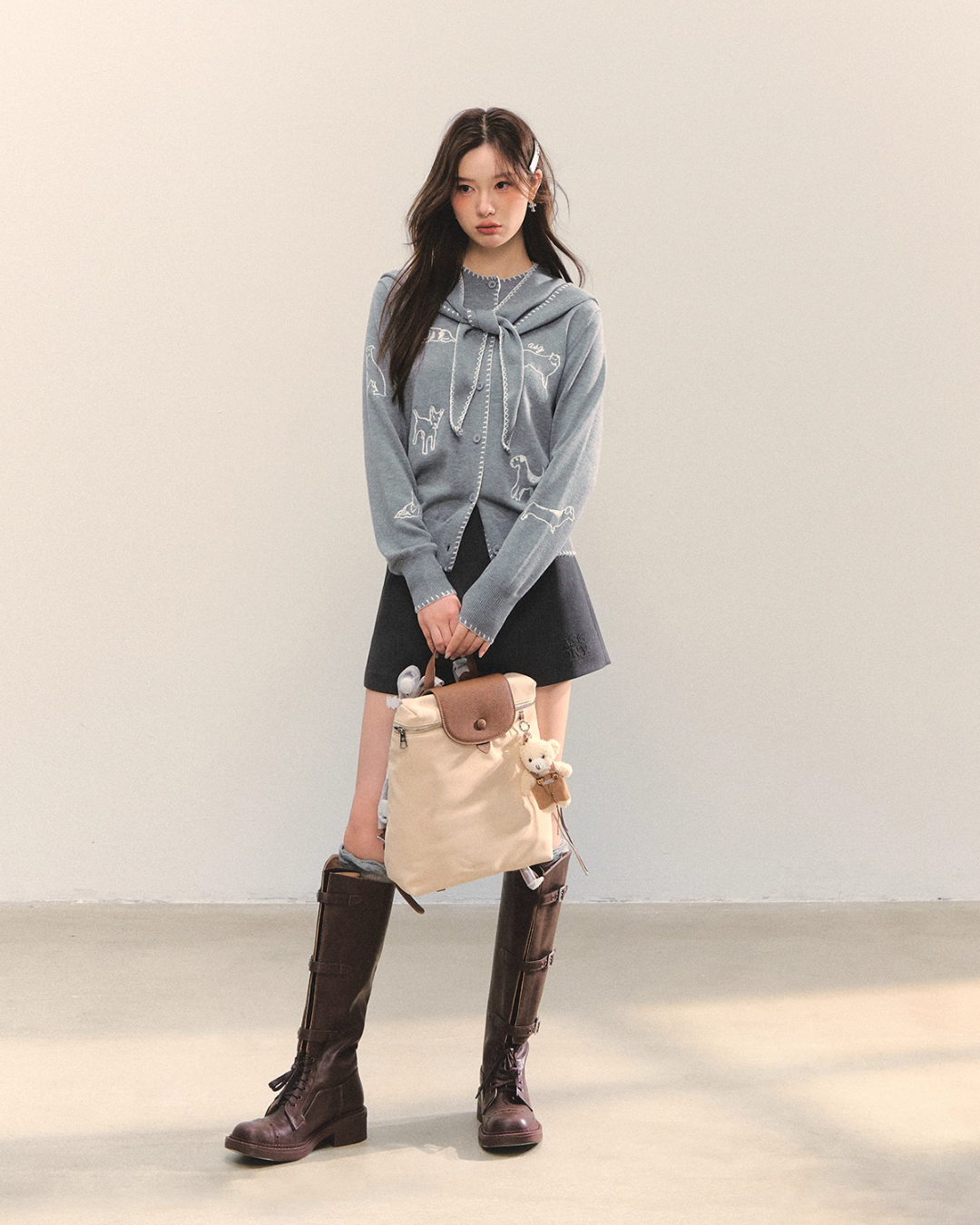 Dog Embroidery Round Neck Knit Cardigan ASG0070