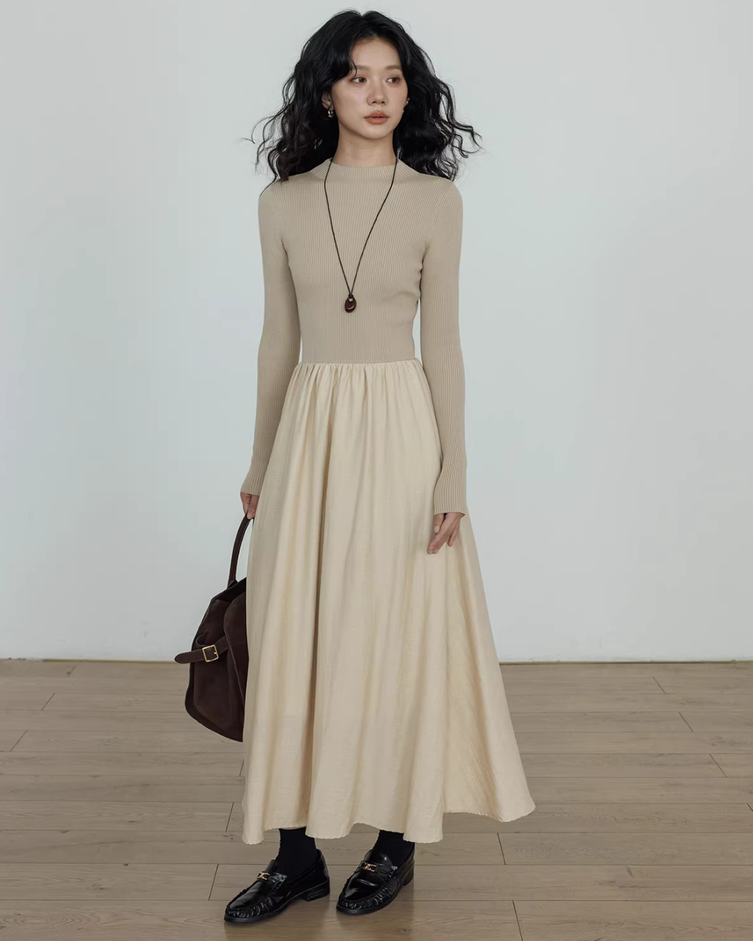 Mock Neck Top Docking Flare Skirt VAS0183