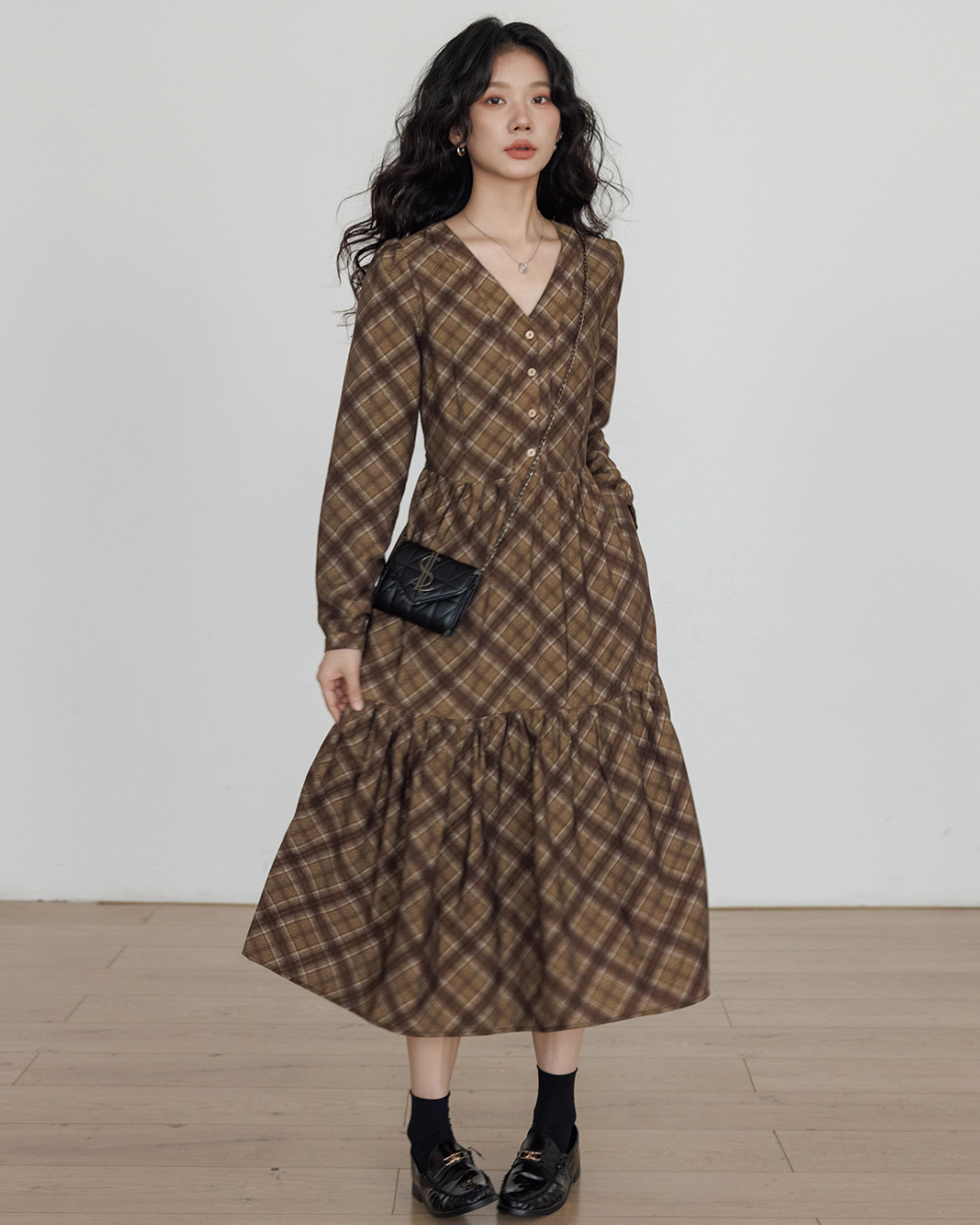 V-Neck Paid Long Dress VAS0161