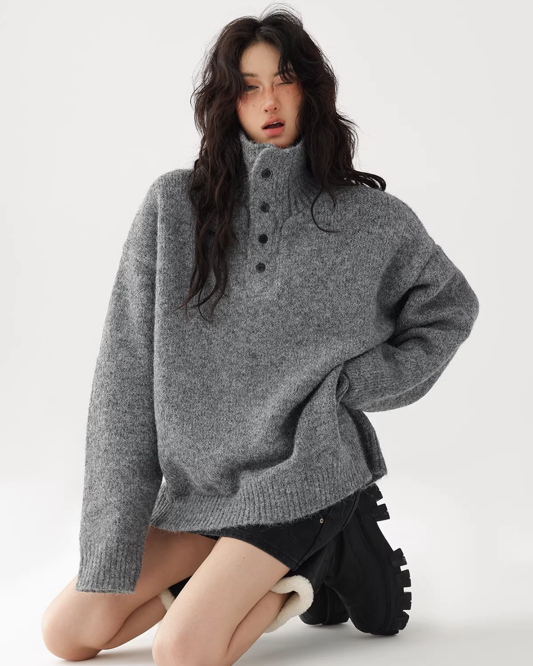 High Neck Half Button Knit Top ACS0354