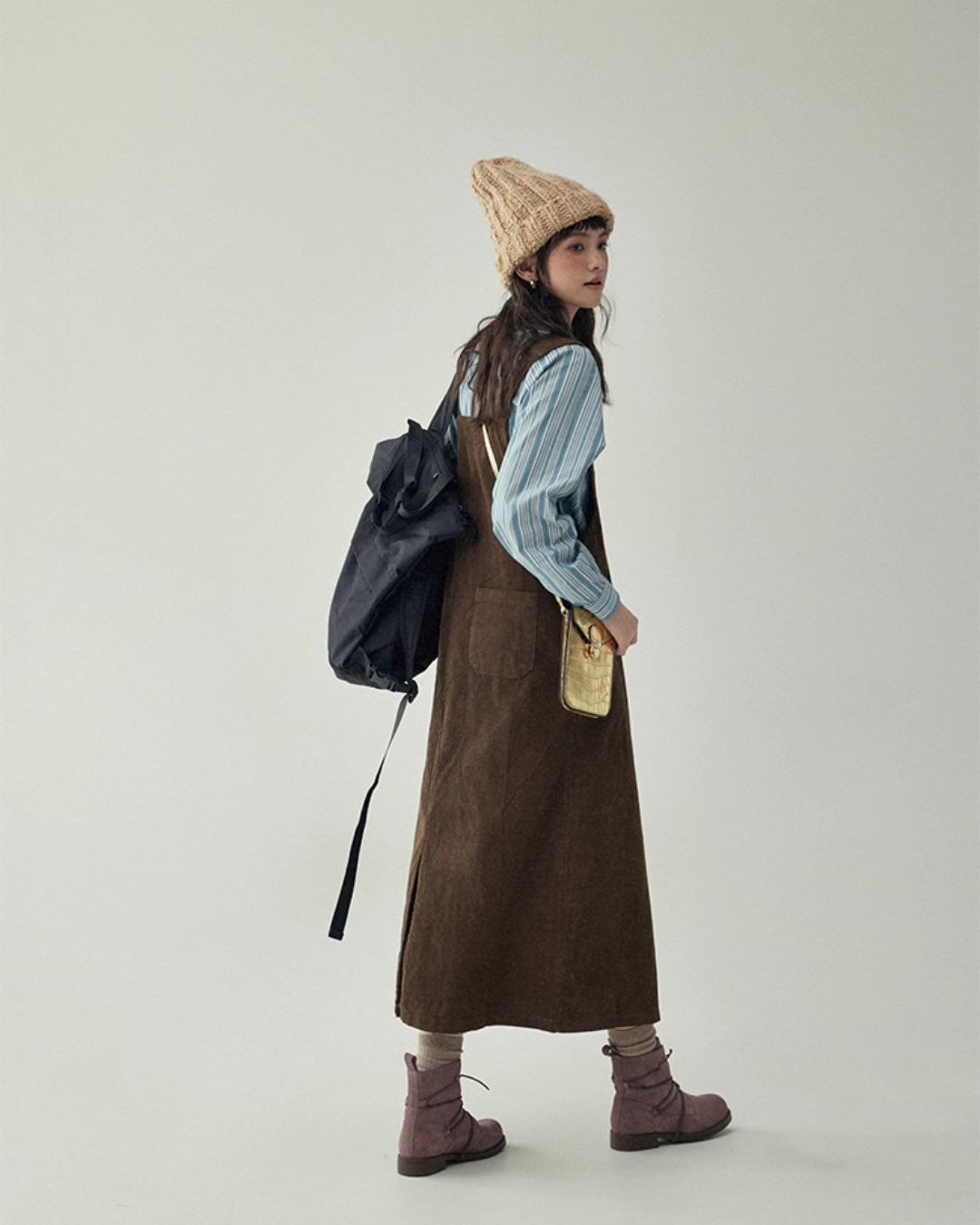 Blue Stripe Shirt / Wide Denim Pants / Corduroy Overall Skirt AMU0033