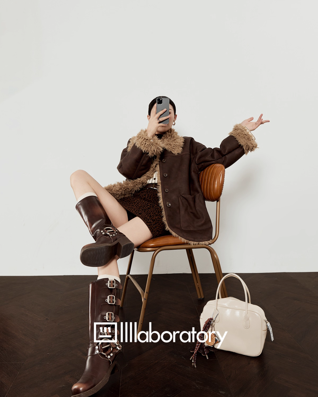 Faux Mouton Coat / Leopard Print Mini Skirt LLA0557