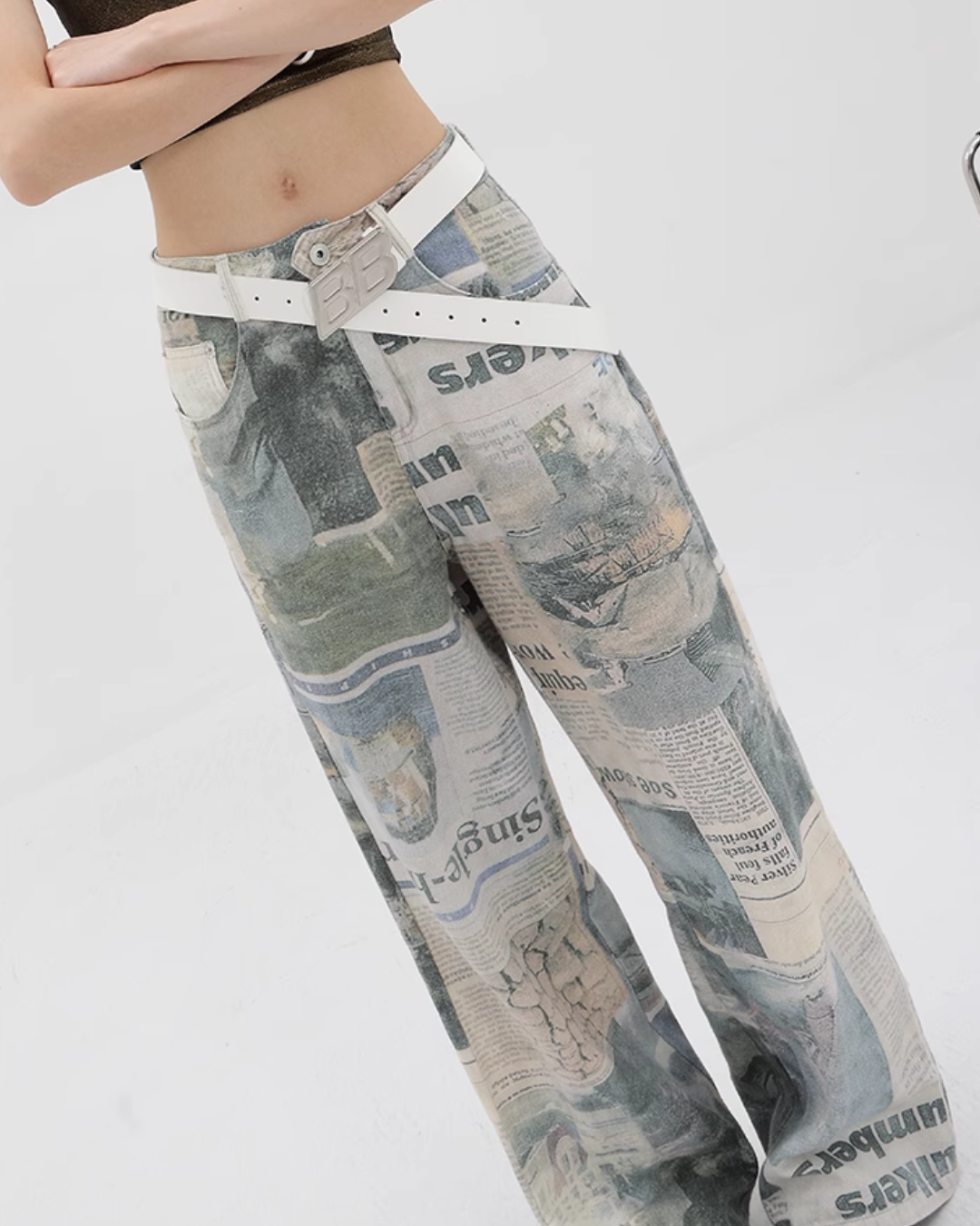 News Paper Print Wide Pants KNH0005