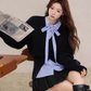 V-Neck Knit Cardigan / Ribbon Stripe Shirt / Pleated Skirt WDB0024