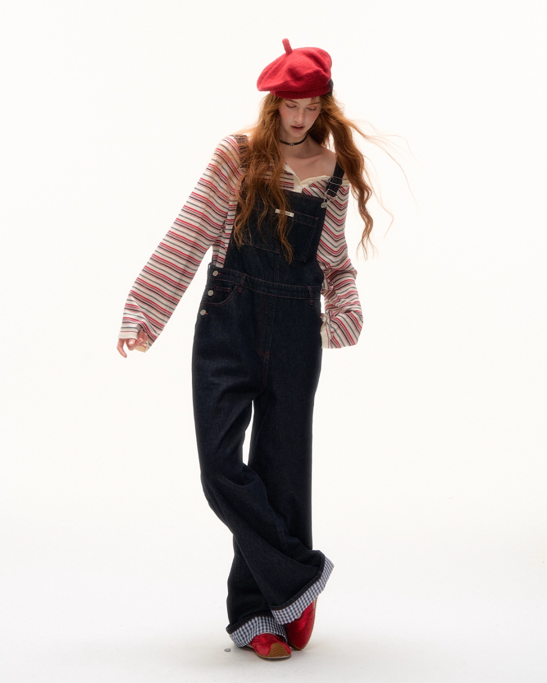 Half Button Border Top / Wide-Leg Denim Overalls ASG0053