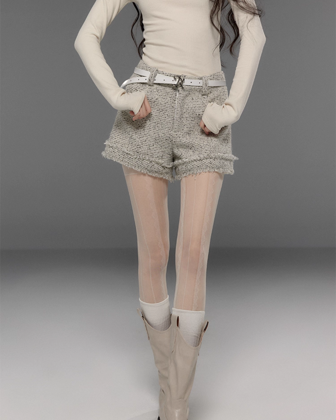 Tweed No-Collar Coat / Shorts / Knee Length Skirt TRK0006