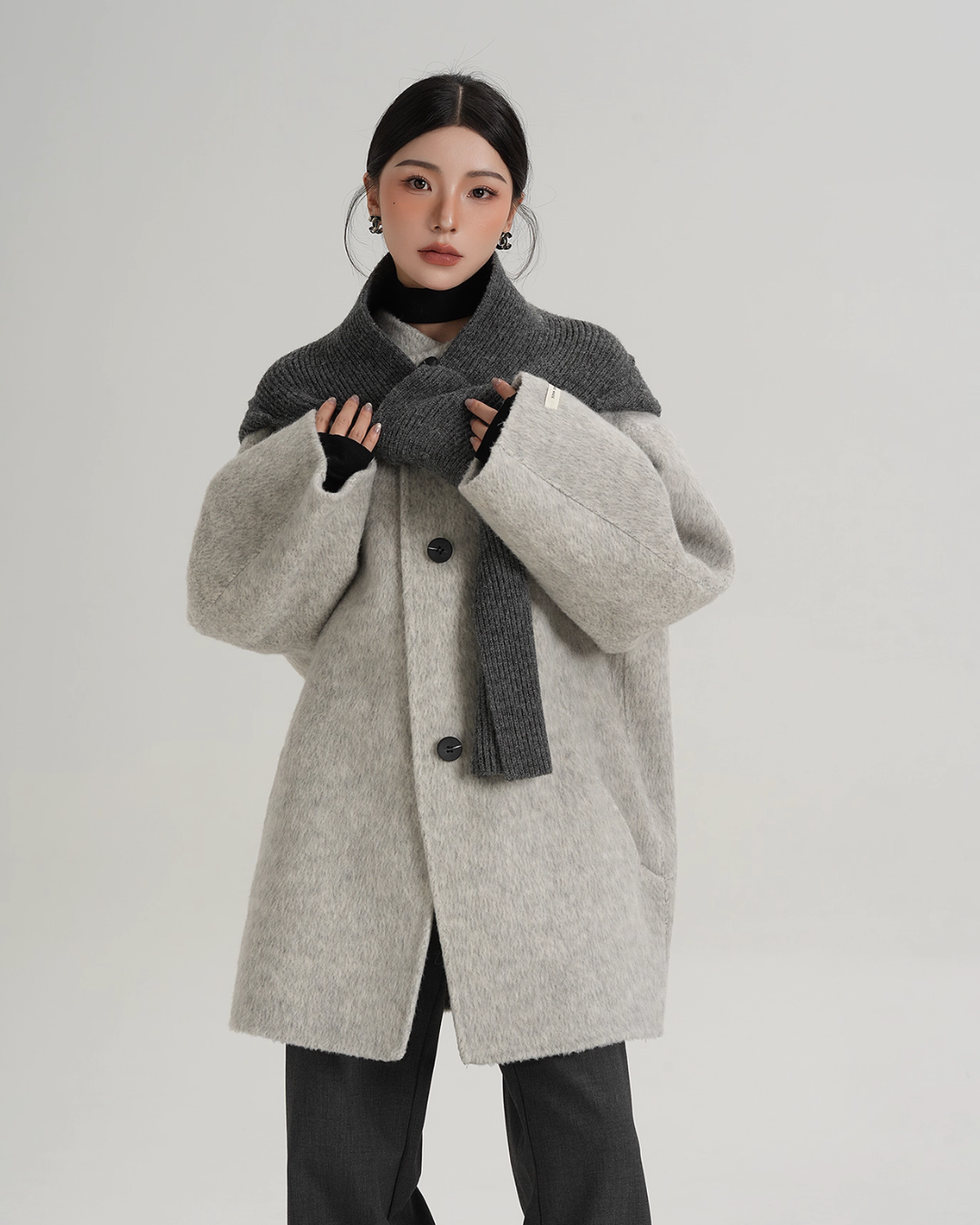 Hood Scarf Mid Length Wool Coat SRS0358