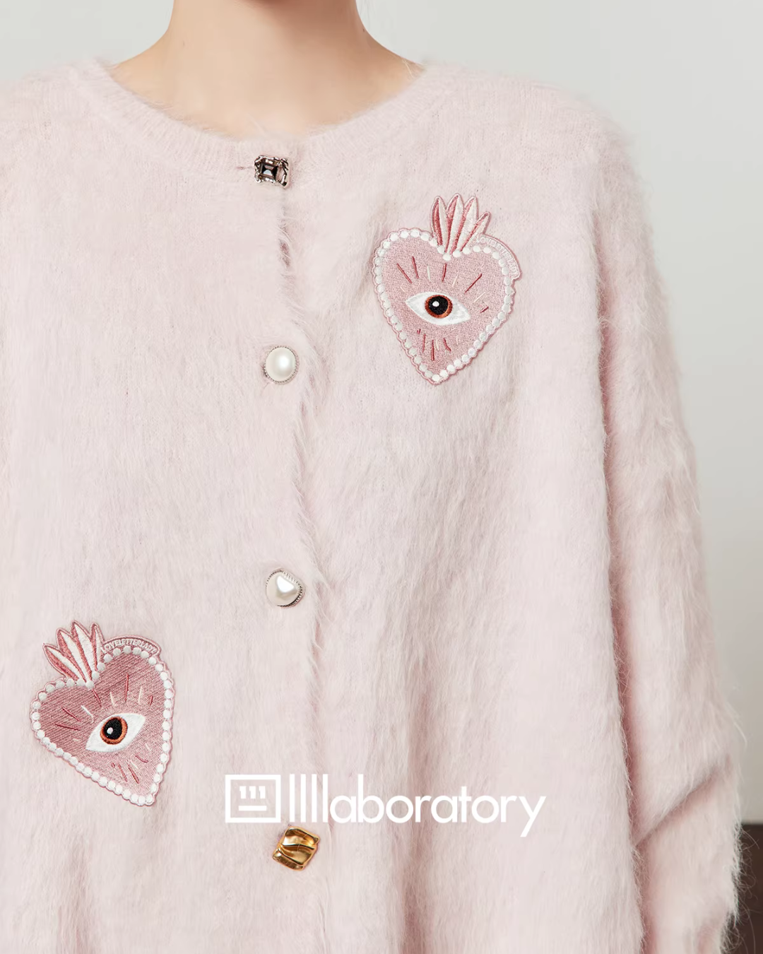 Heart Patch Shaggy Knit Cardigan / Pink Mini Skirt LLA0592