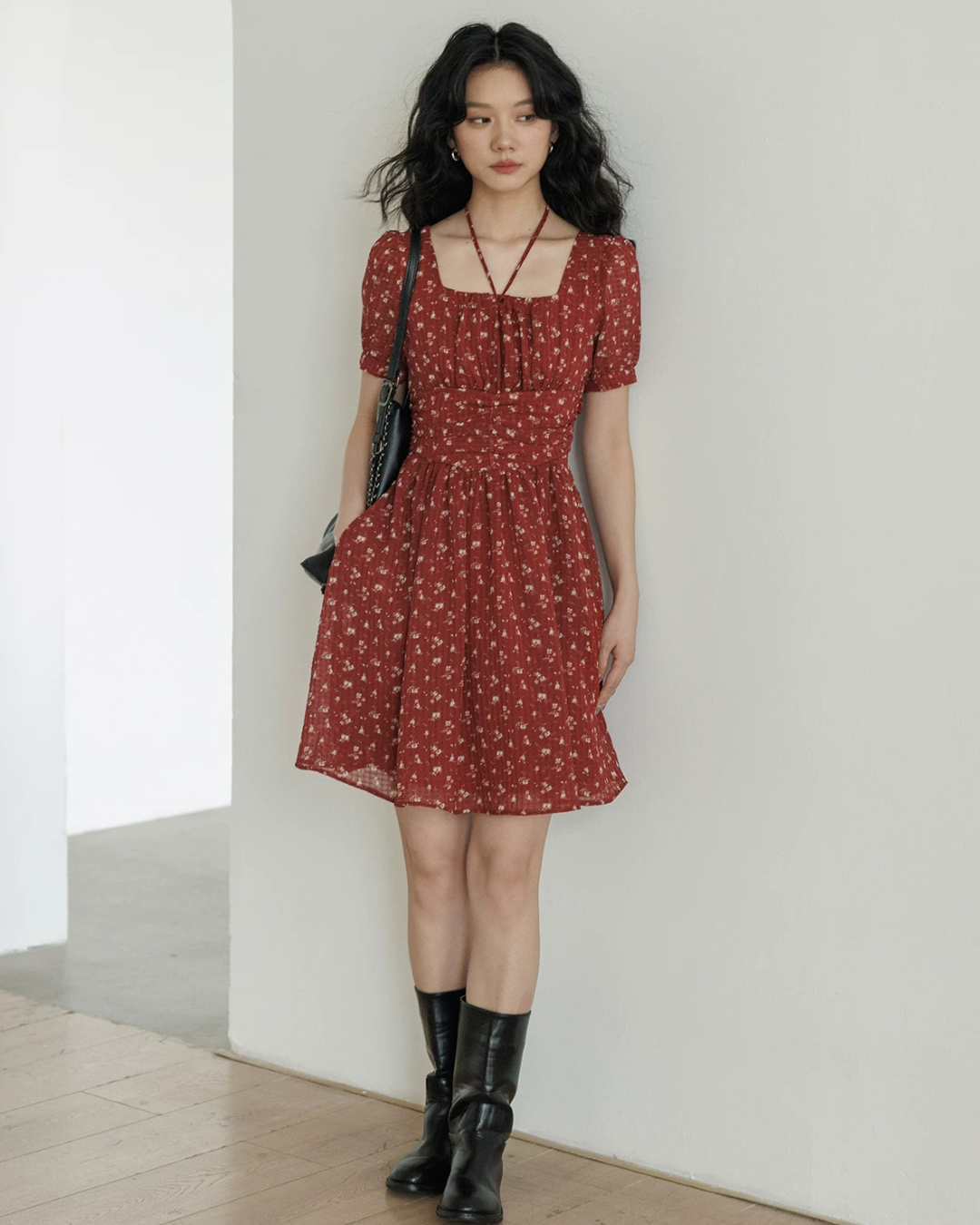 Square Neck Flower Mini Dress VAS0195