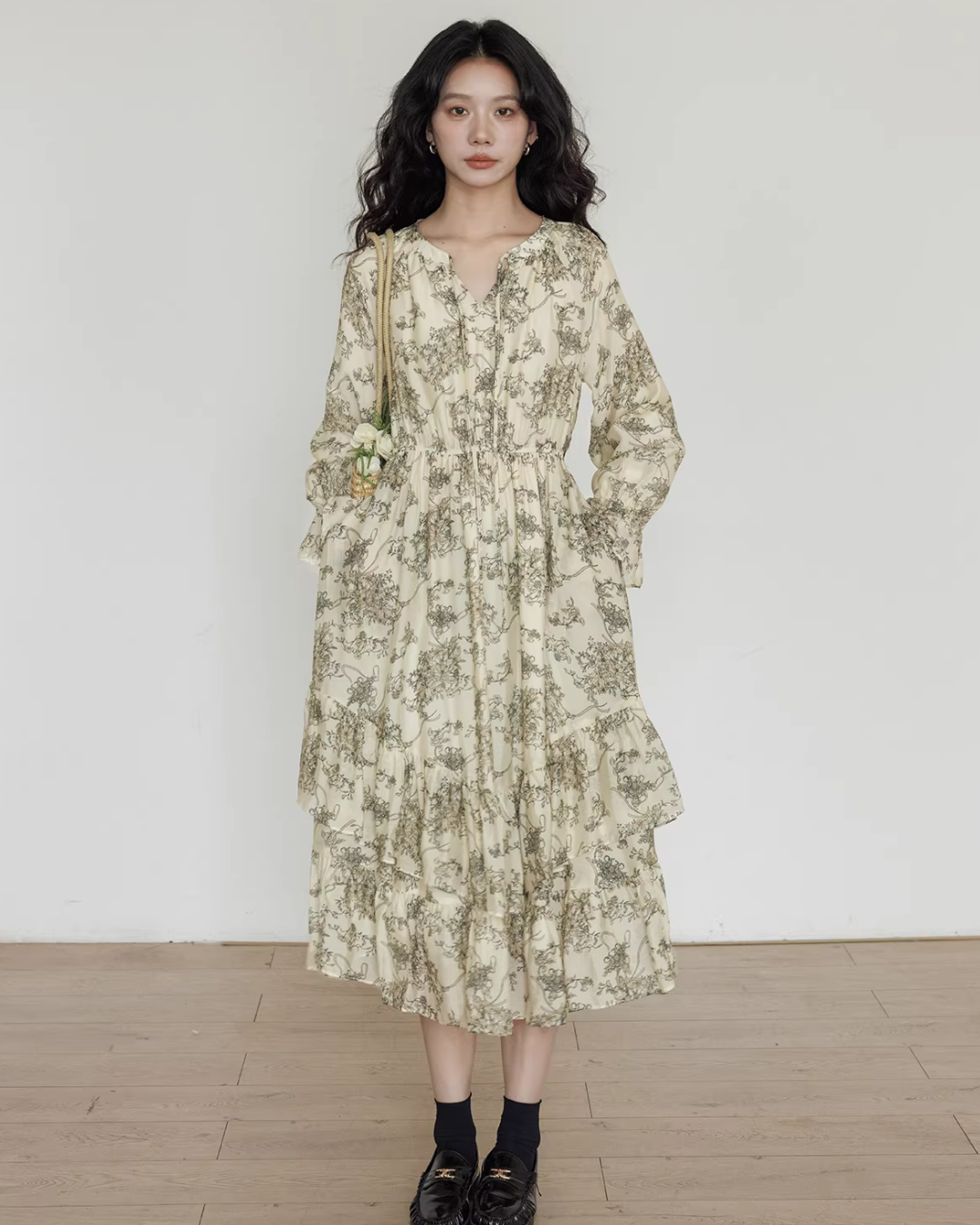 V-Neck Floral Vintage Shirt Dress VAS0192