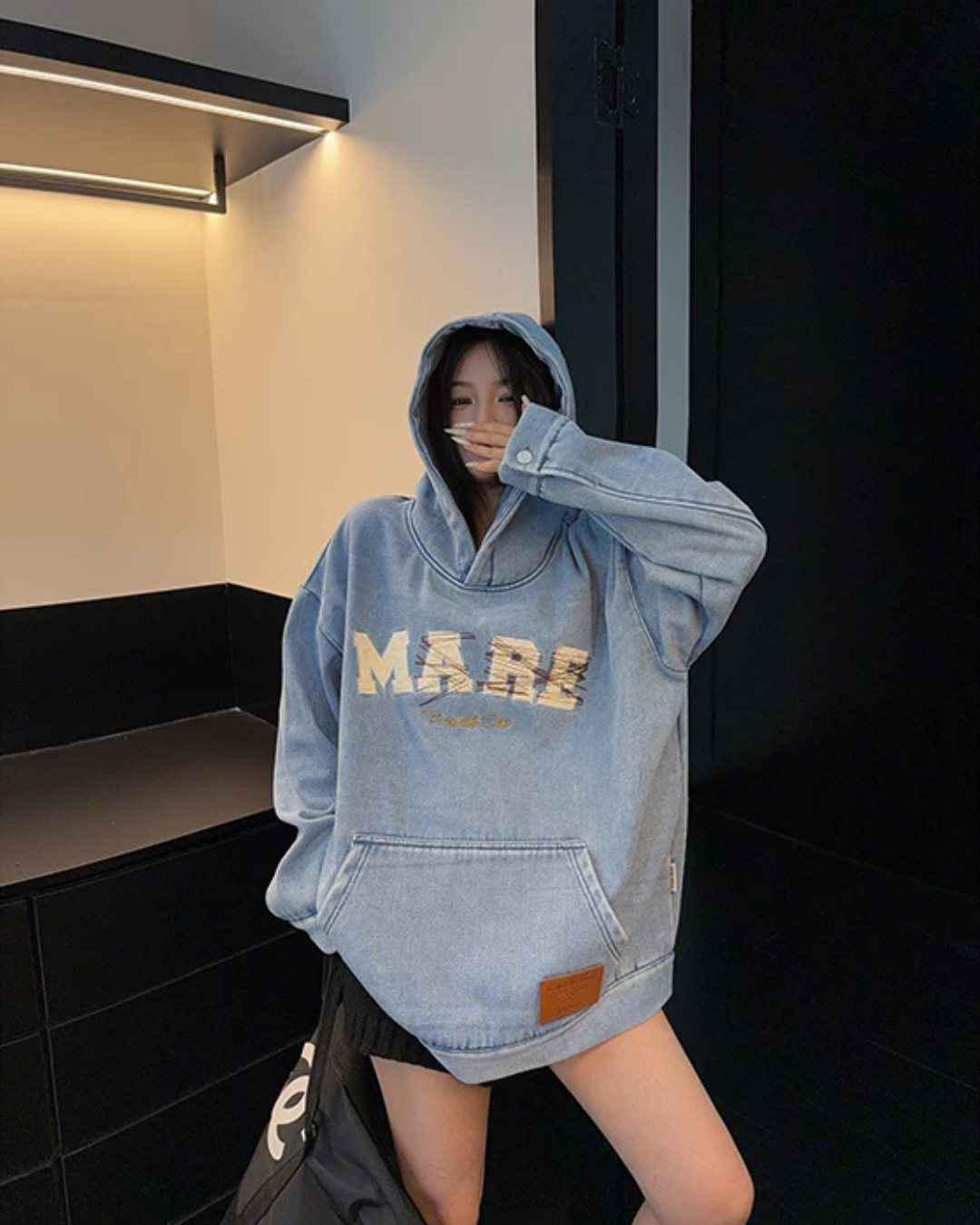 Oversize Retro Embroidered Denim Hoodie YLS1077
