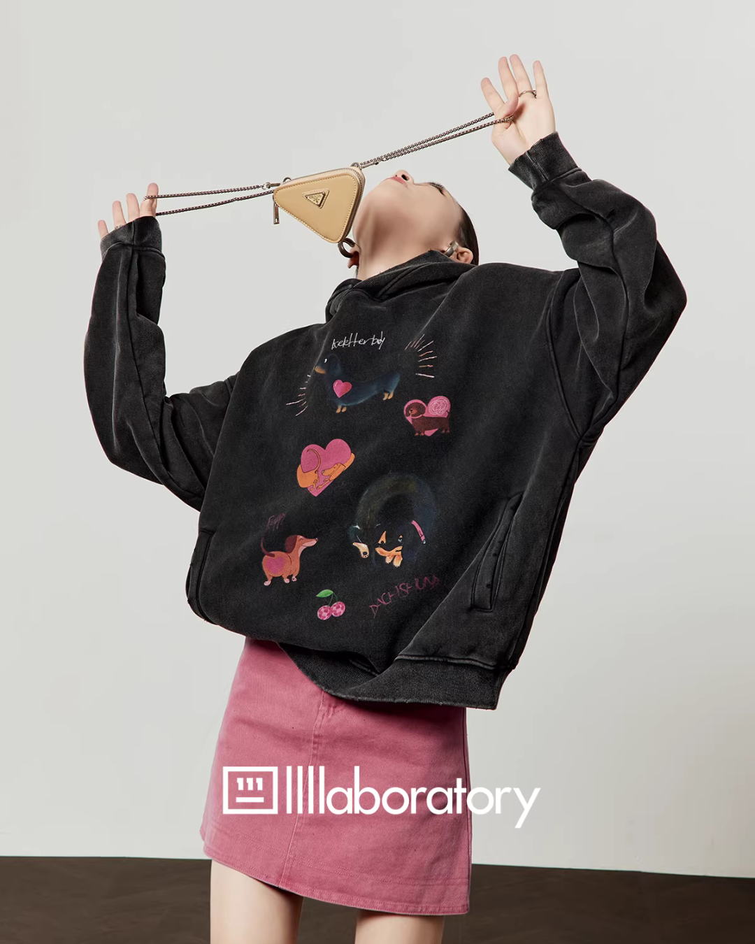 Dog Print Retro Hoodie / Pink Mini Skirt LLA0590