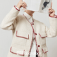 Elegant Tweed Jacket / Striped Pleated Skirt / White Long-Sleeve Shirt LLA0532