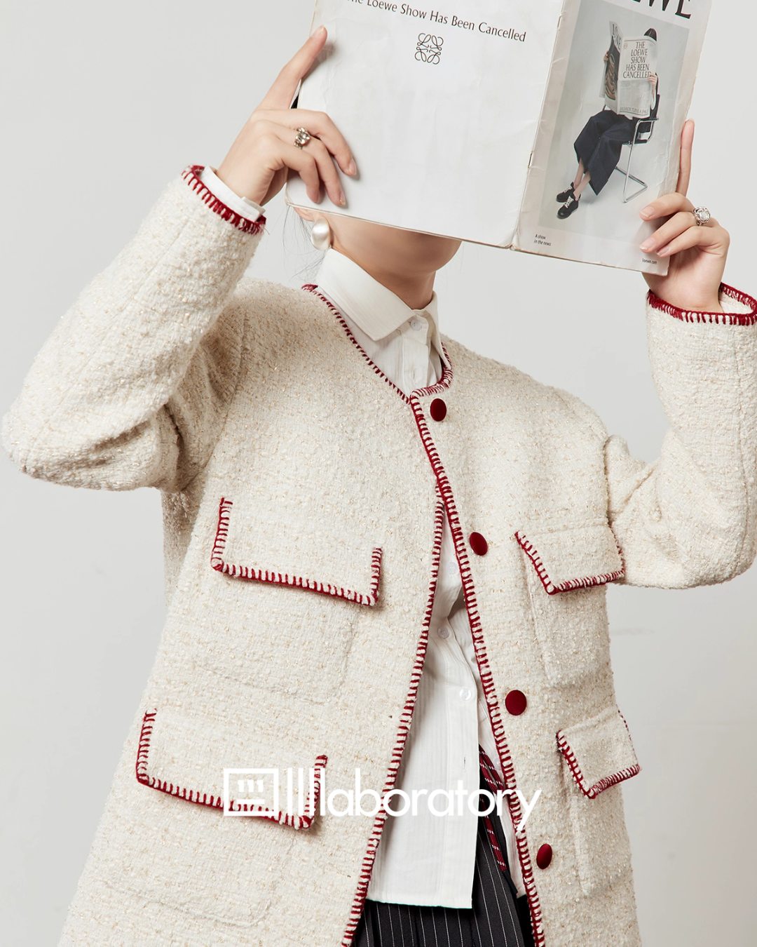 Elegant Tweed Jacket / Striped Pleated Skirt / White Long-Sleeve Shirt LLA0532