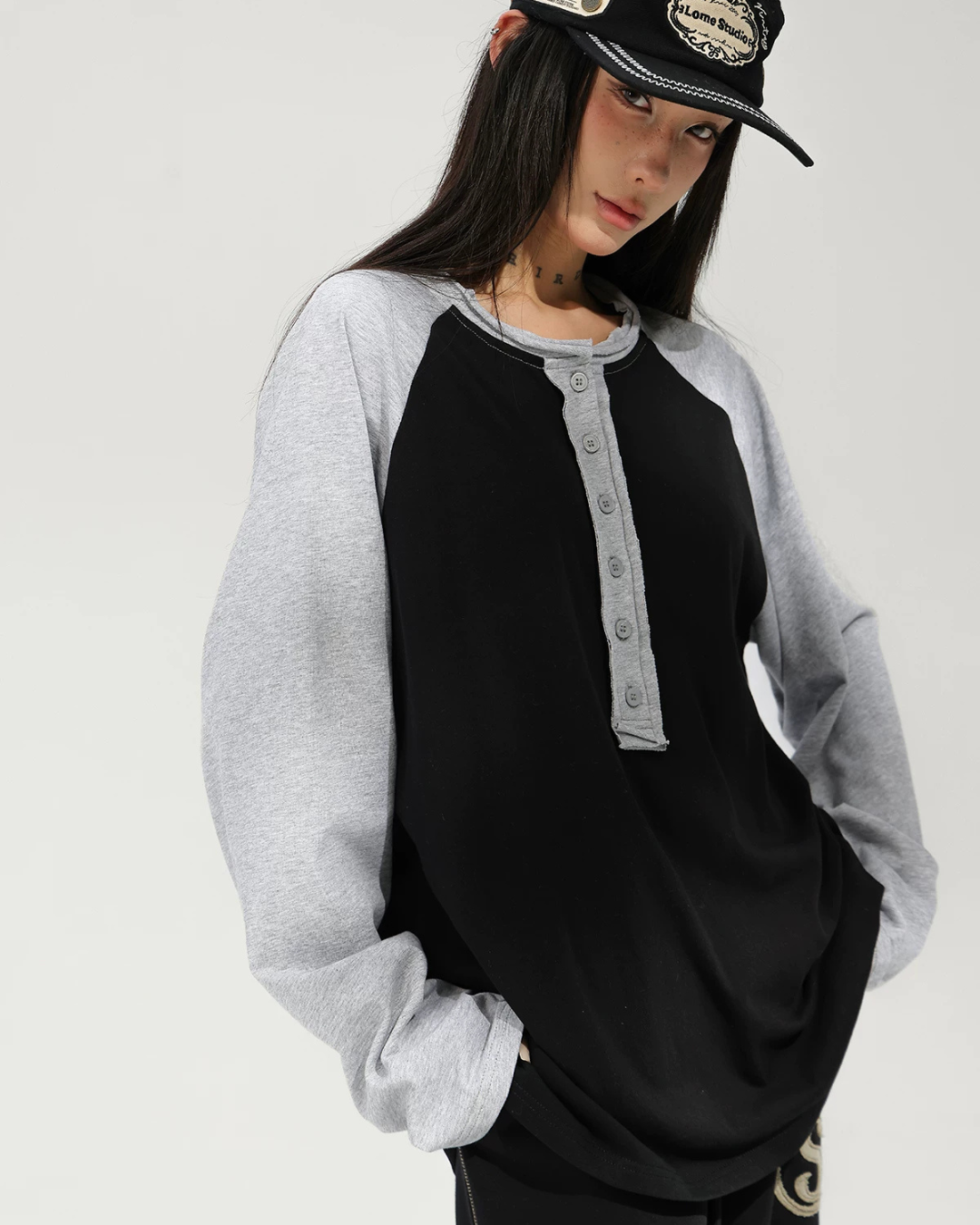 Henley Neck Raglan Sleeve Long-Sleeve T-Shirt ACS0382
