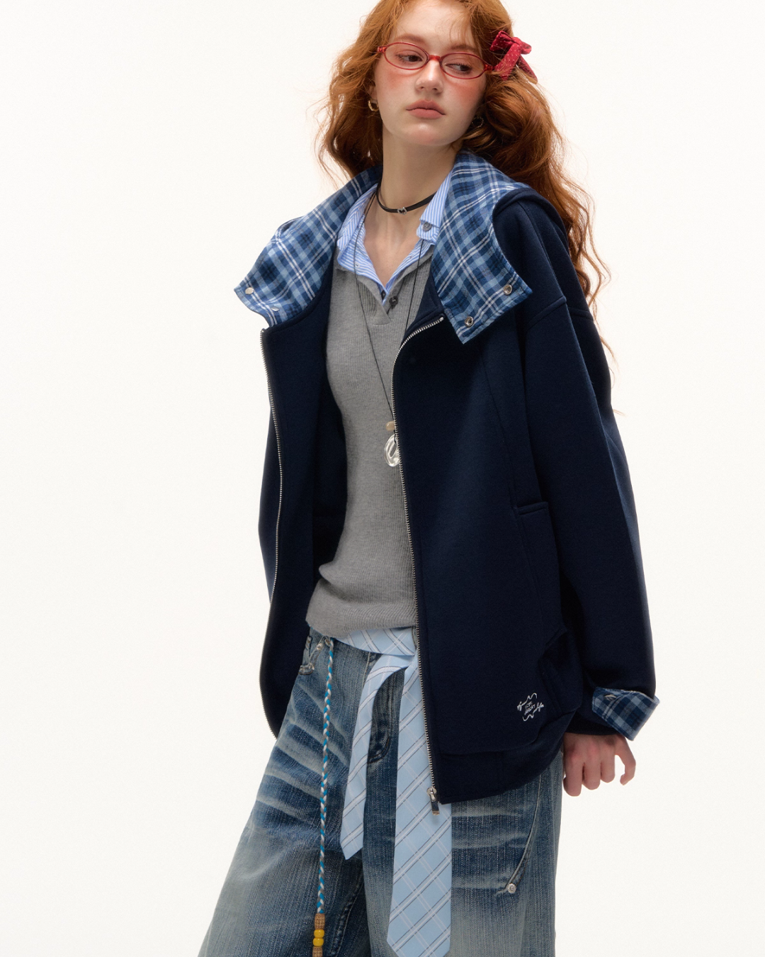 Plaid Patched Hood Jacket / Long Sleeve Top / Denim Pants ASG0048