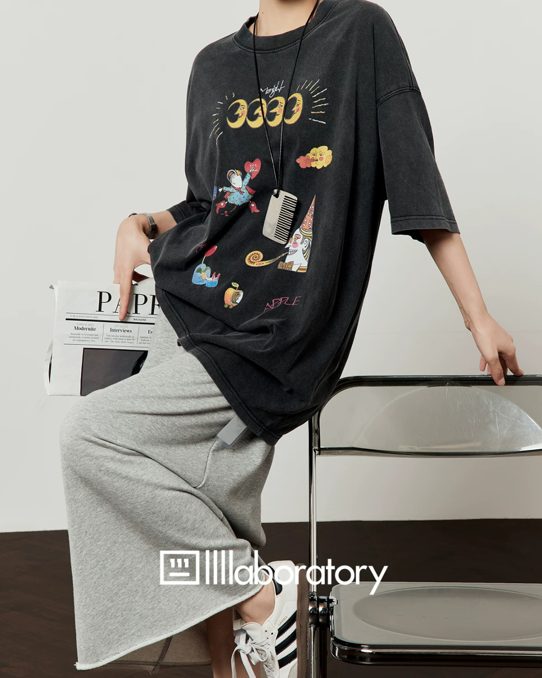 Vintage Print Short-Sleeve T-Shirt / Sweat Long Skirt LLA0653