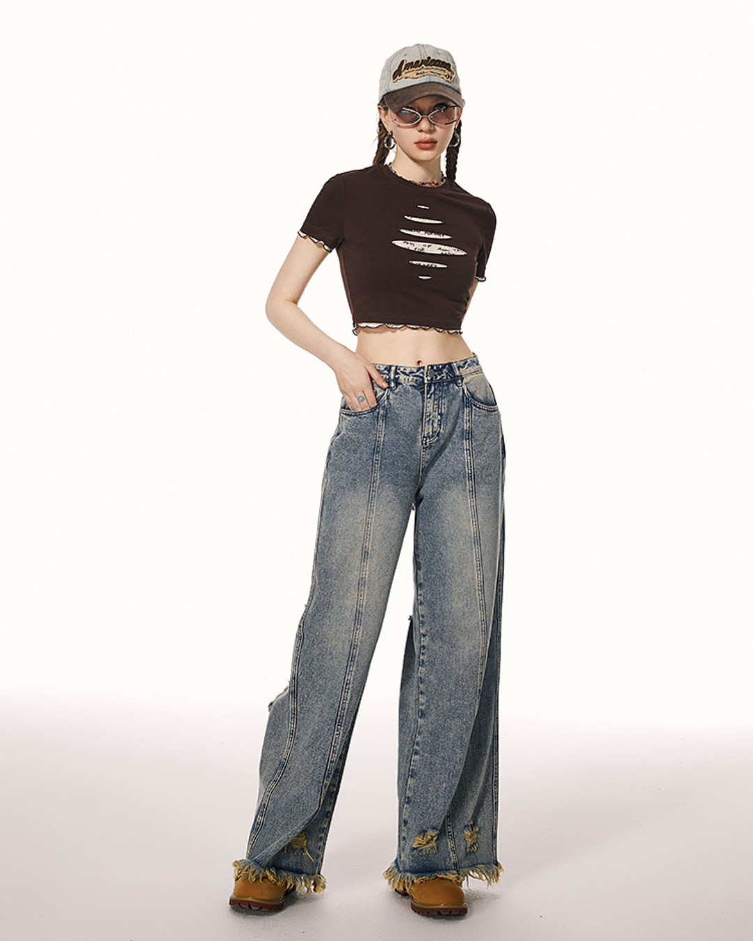 American Layered Style Cropped T-Shirt IMO0066