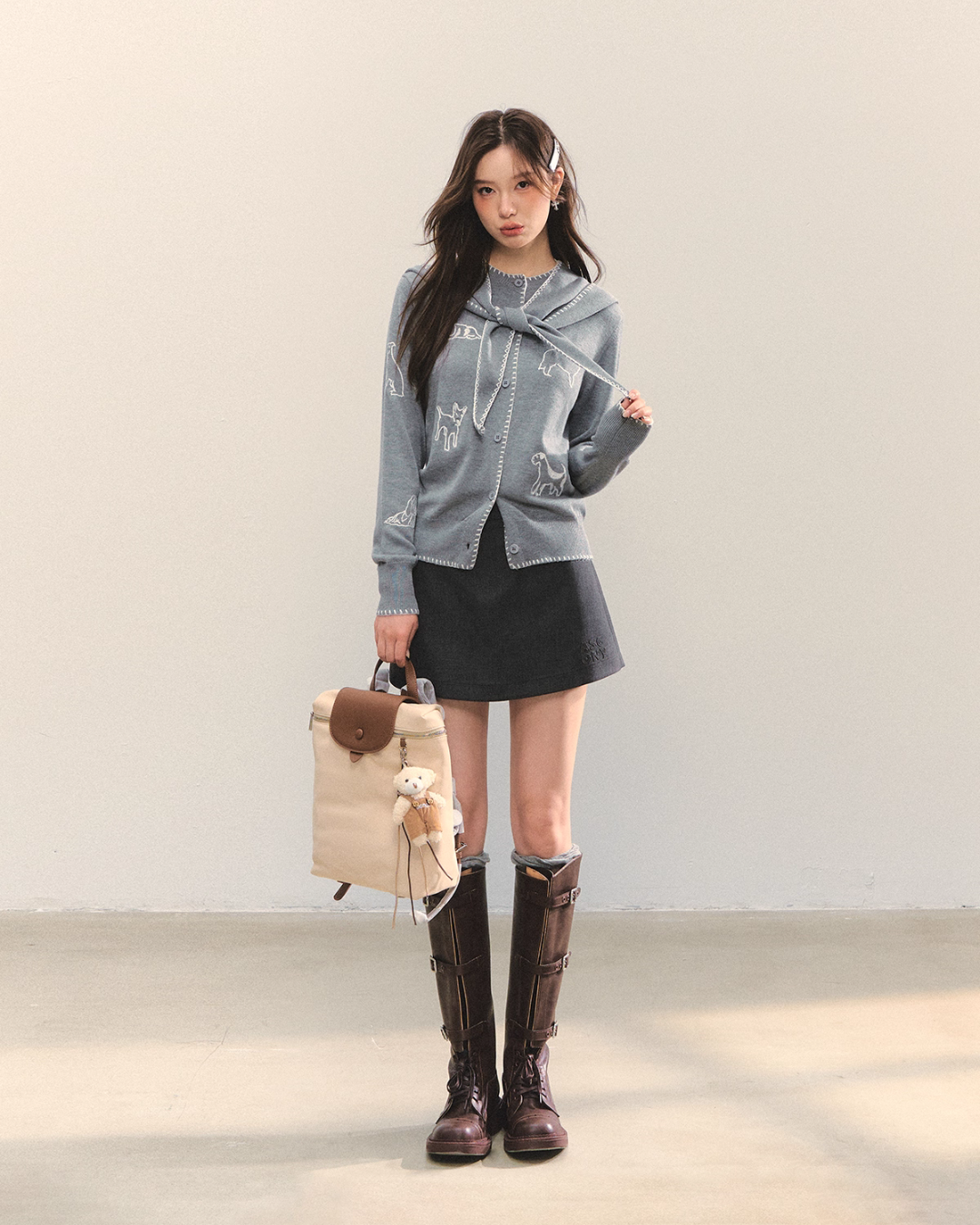 Dog Embroidery Round Neck Knit Cardigan ASG0070