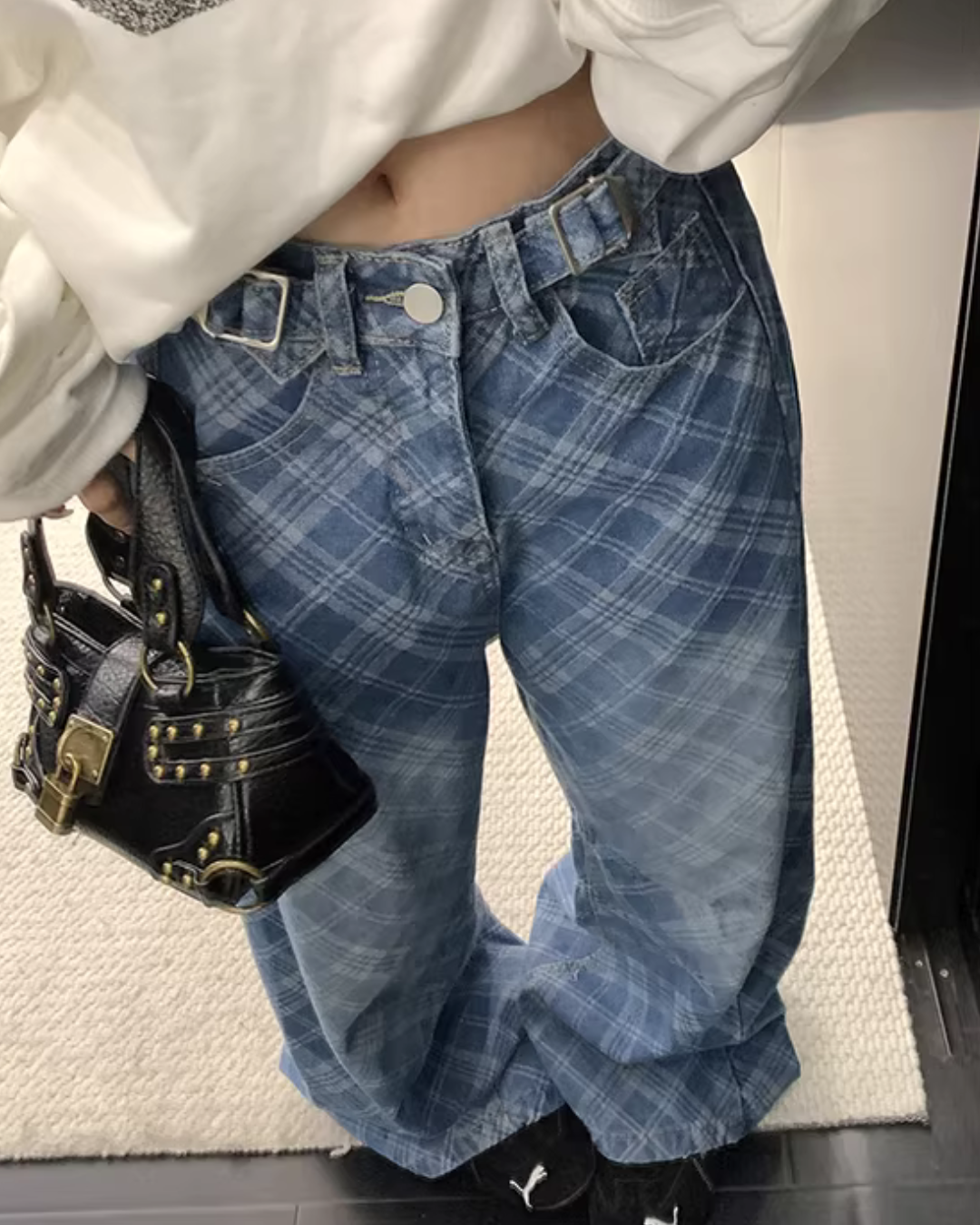 Plaid Wide-Leg Jeans YLS1019