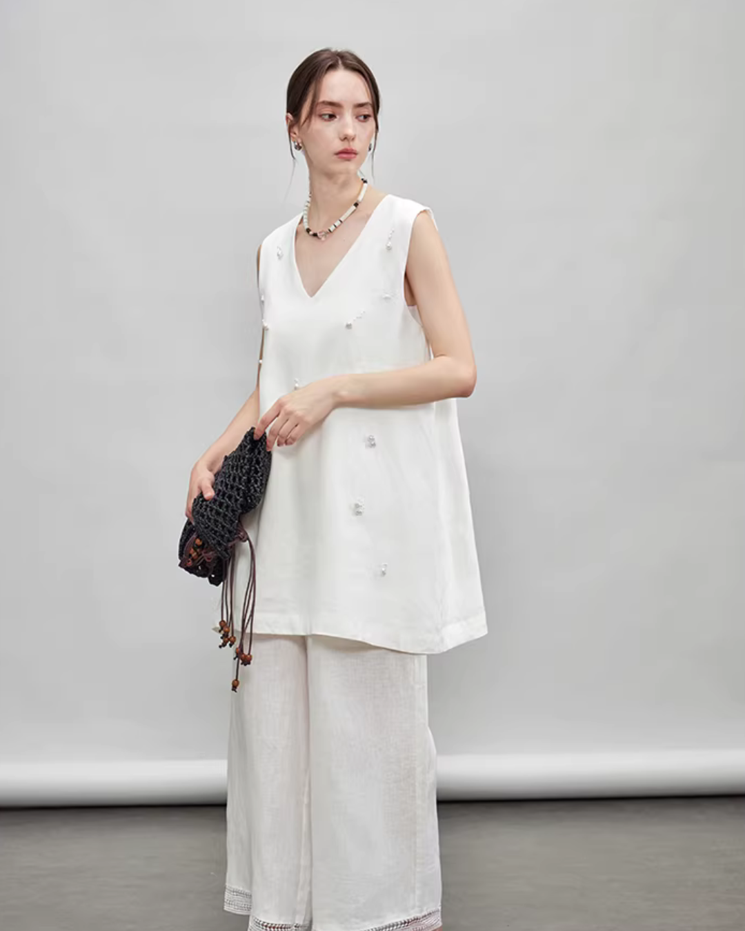 V-Neck Linen Sleeveless / Straight Linen Wide Pants TEO0012