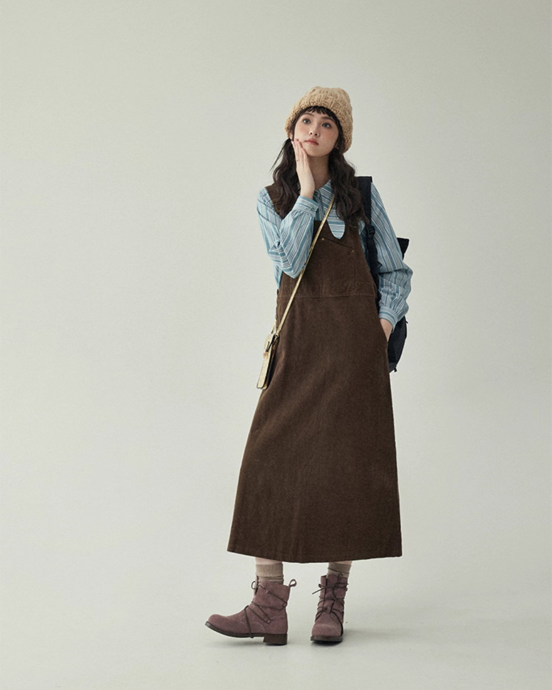 Blue Stripe Shirt / Wide Denim Pants / Corduroy Overall Skirt AMU0033