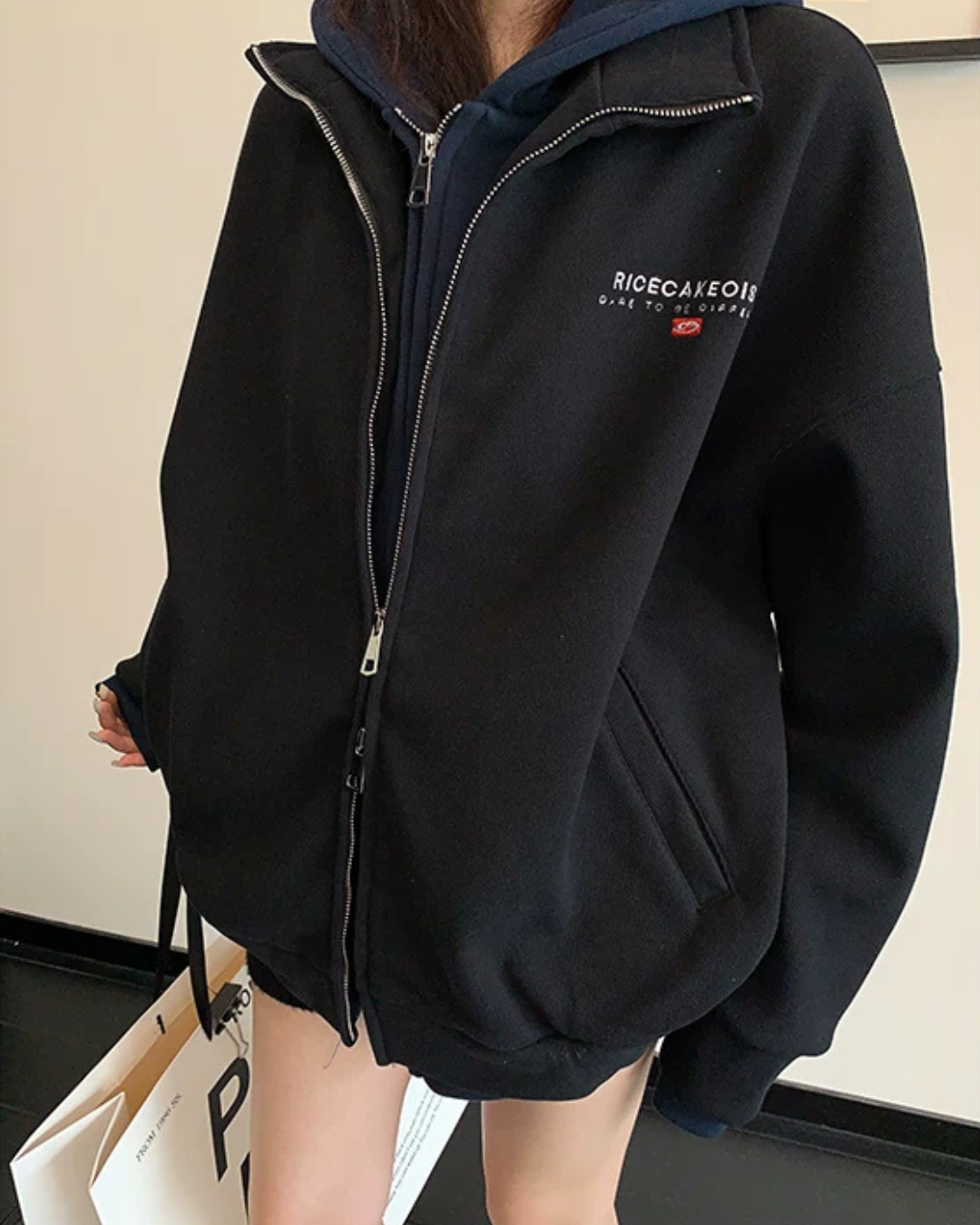 Labeled Button Double Zip Hoodie YLS1076