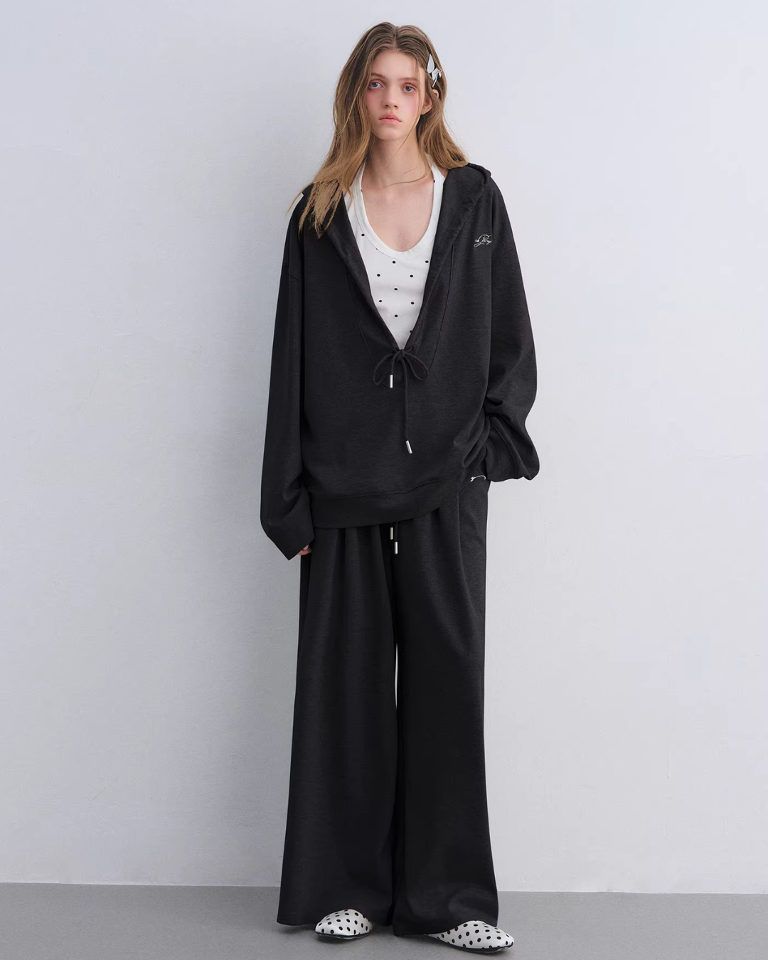 Polka Dot Vest V-Neck Hoodie / Loose Casual Sweatpants ASG0080
