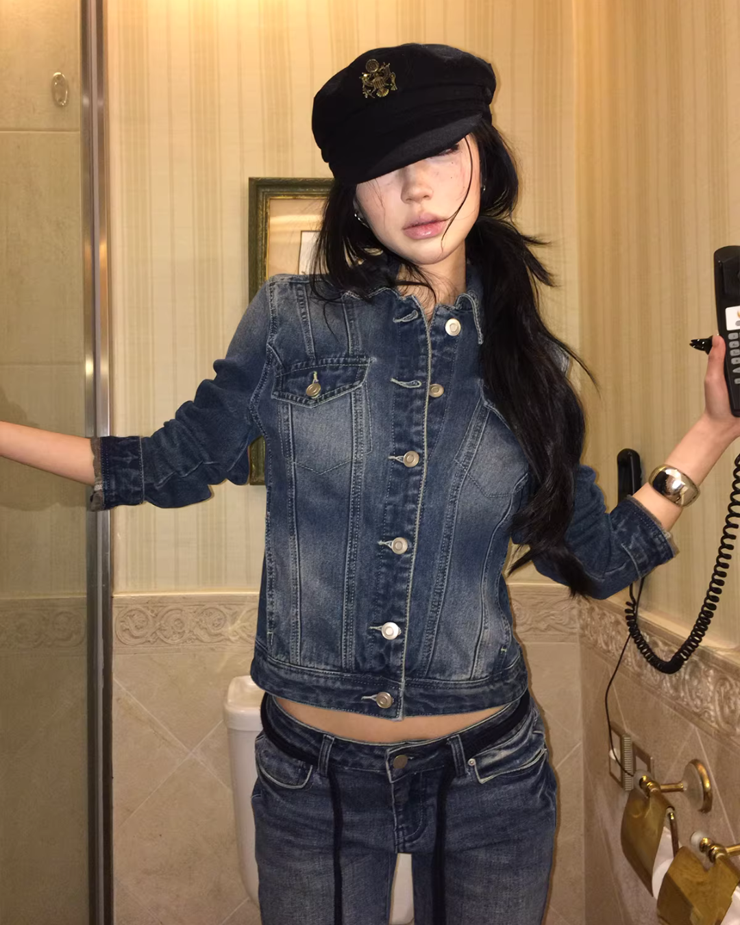 Washed Short Denim Jacket / Flare Slim Jeans IMX0008