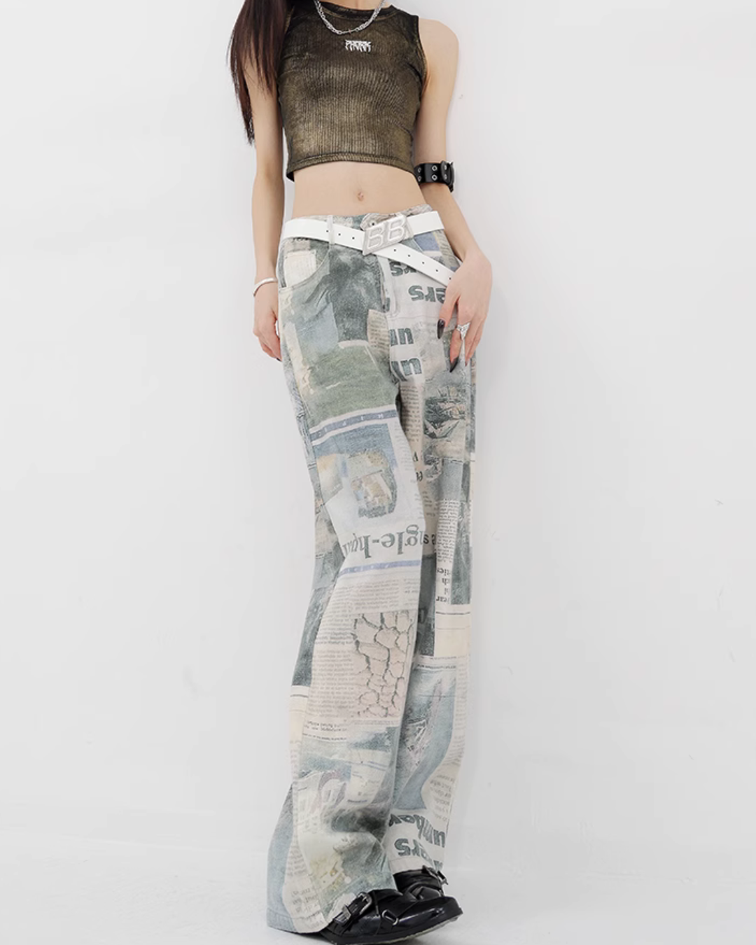 News Paper Print Wide Pants KNH0005