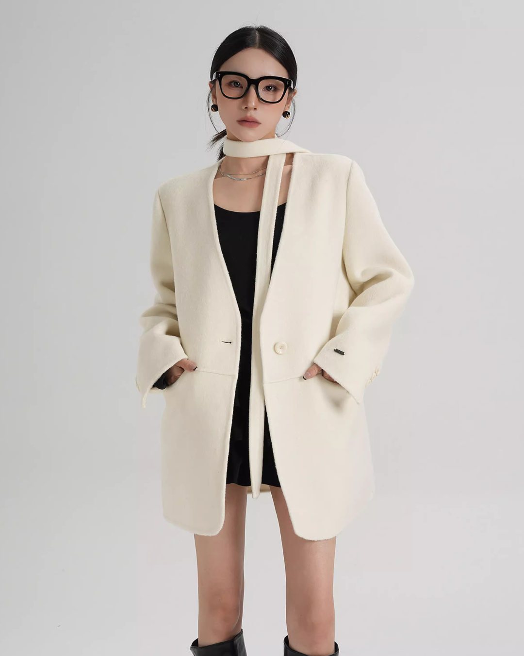 Collarless Wool Coat with Choker SRS0393