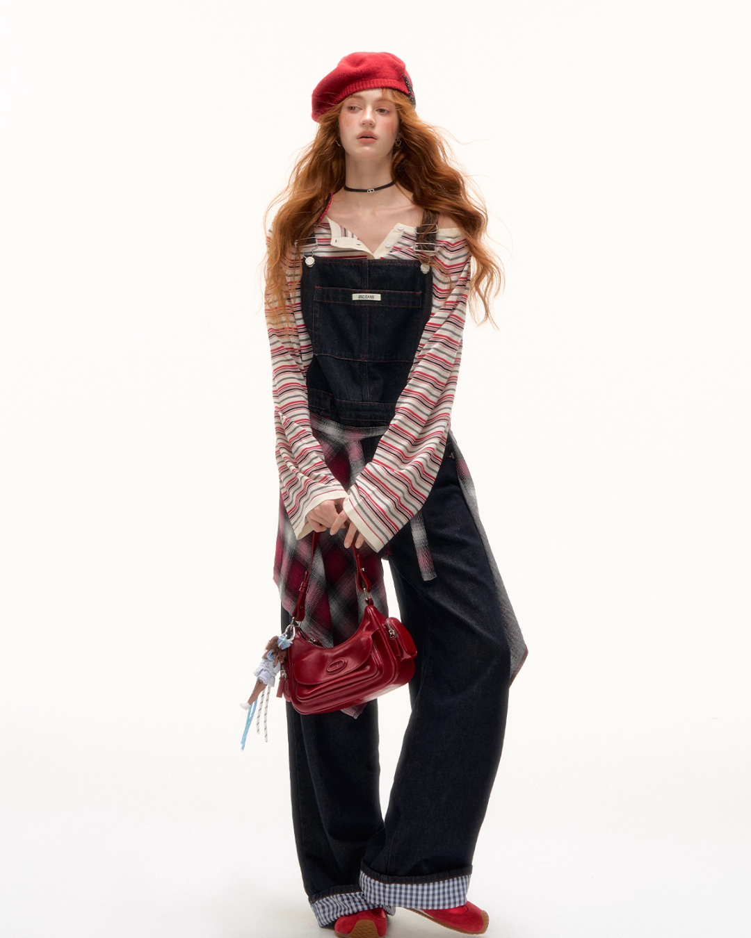Half Button Border Top / Wide-Leg Denim Overalls ASG0053